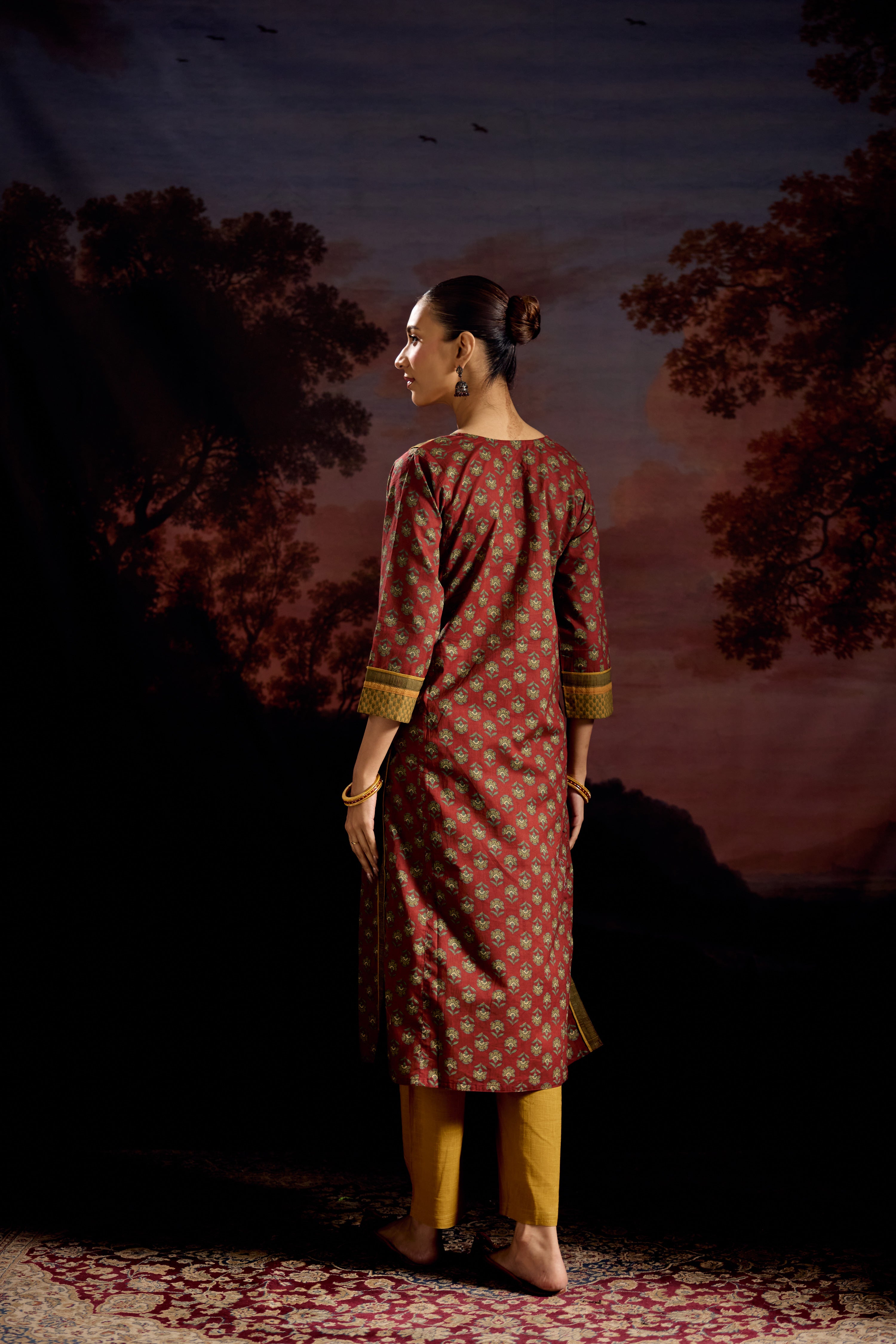 Rozana Cotton Printed Kurta Maroon Green (Set Of 3)