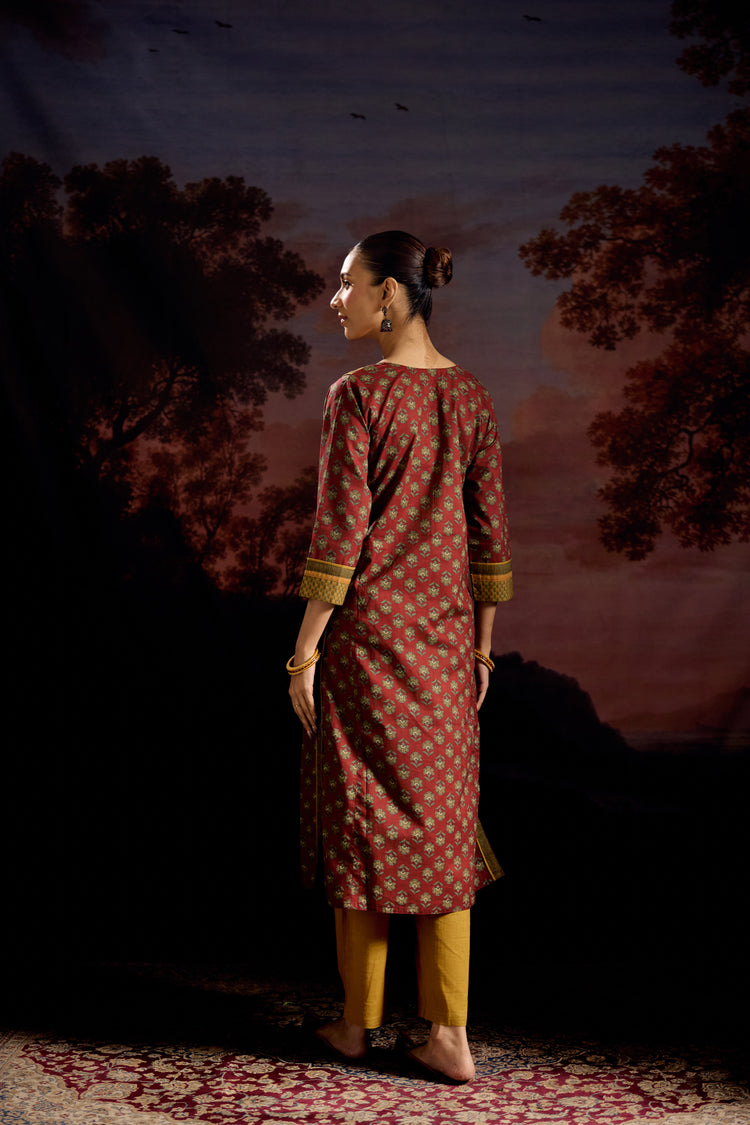 Rozana Cotton Printed Kurta Maroon Green (Set Of 3)