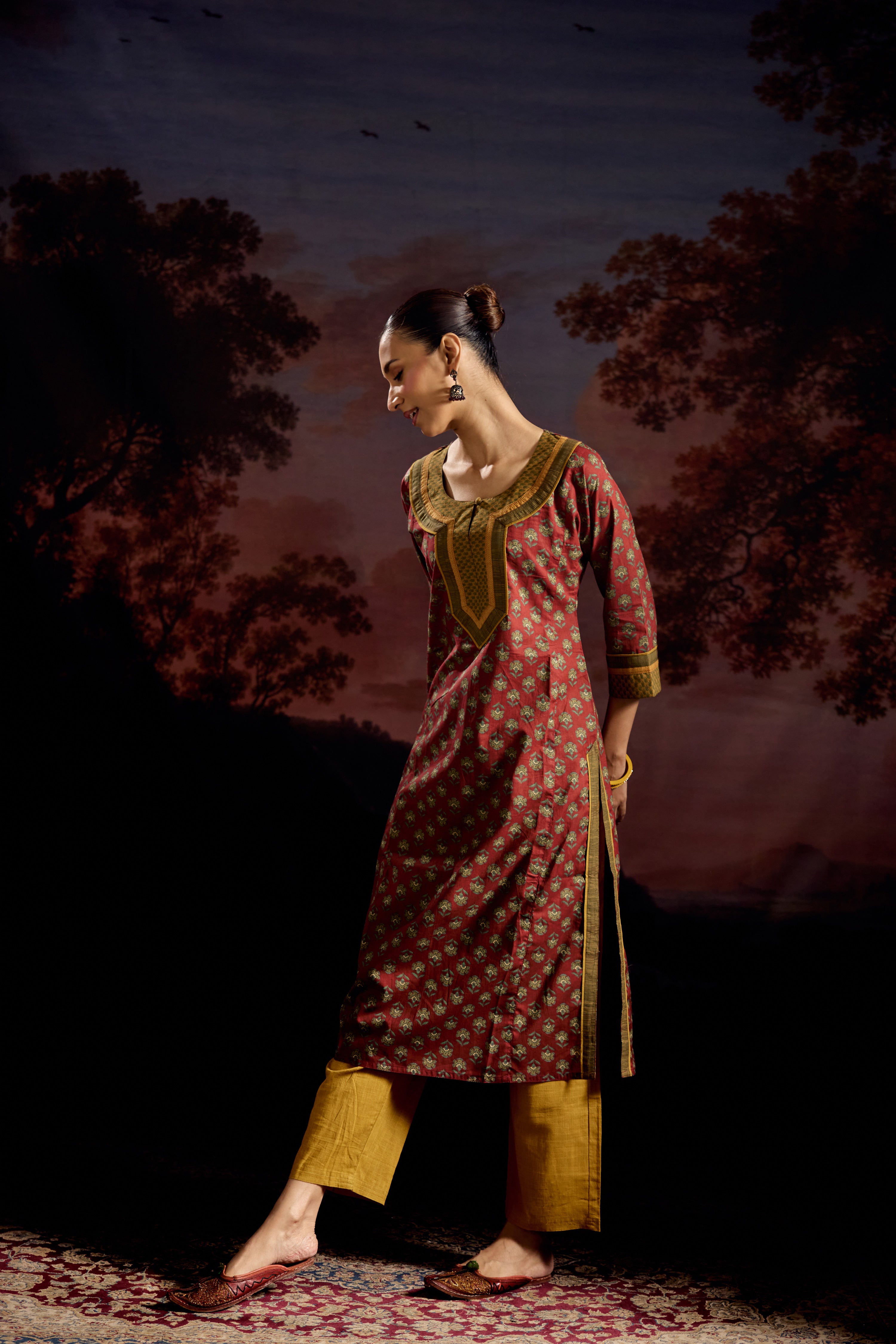 Rozana Cotton Printed Kurta Maroon Green (Set Of 3)