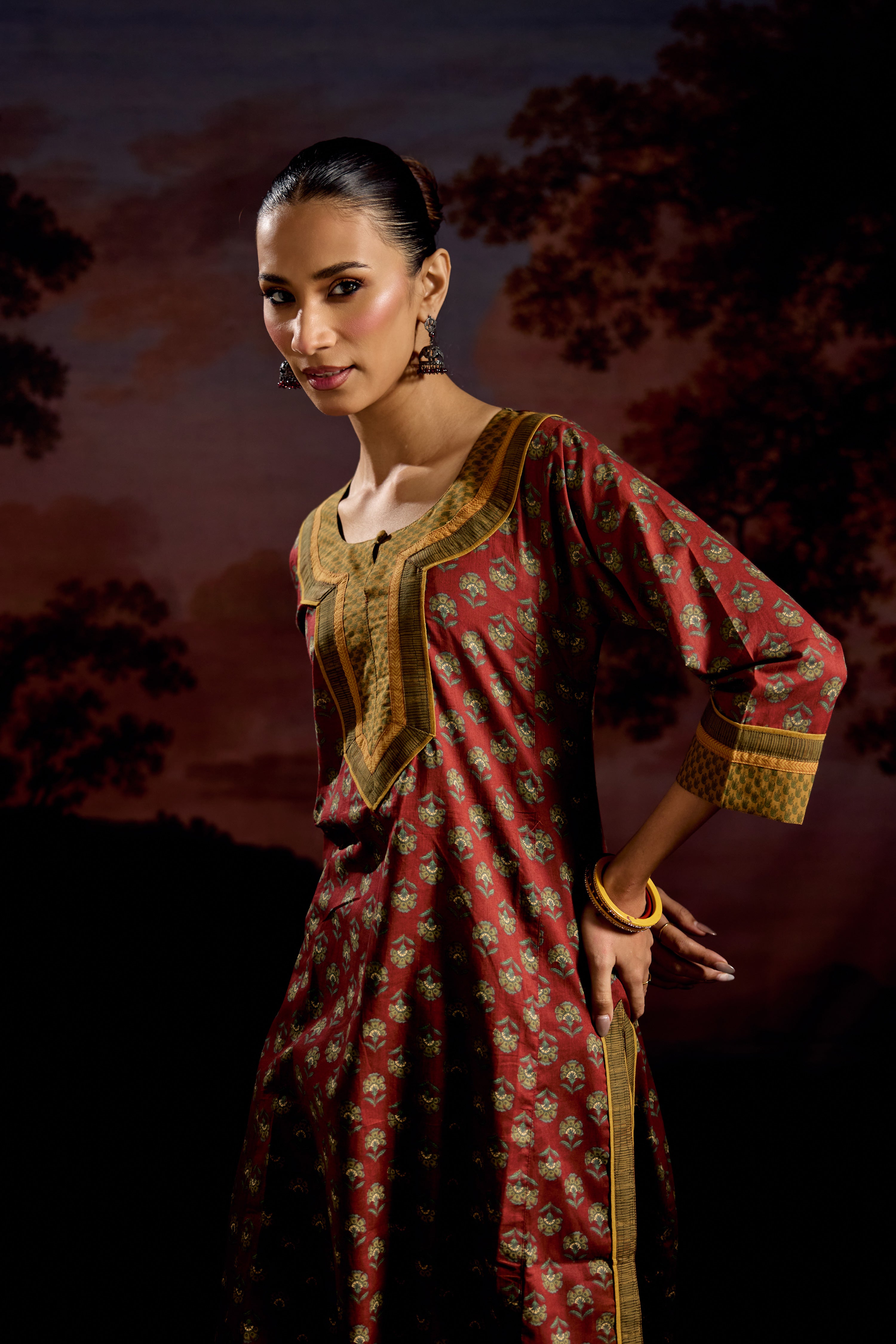 Rozana Cotton Printed Kurta Maroon Green (Set Of 3)