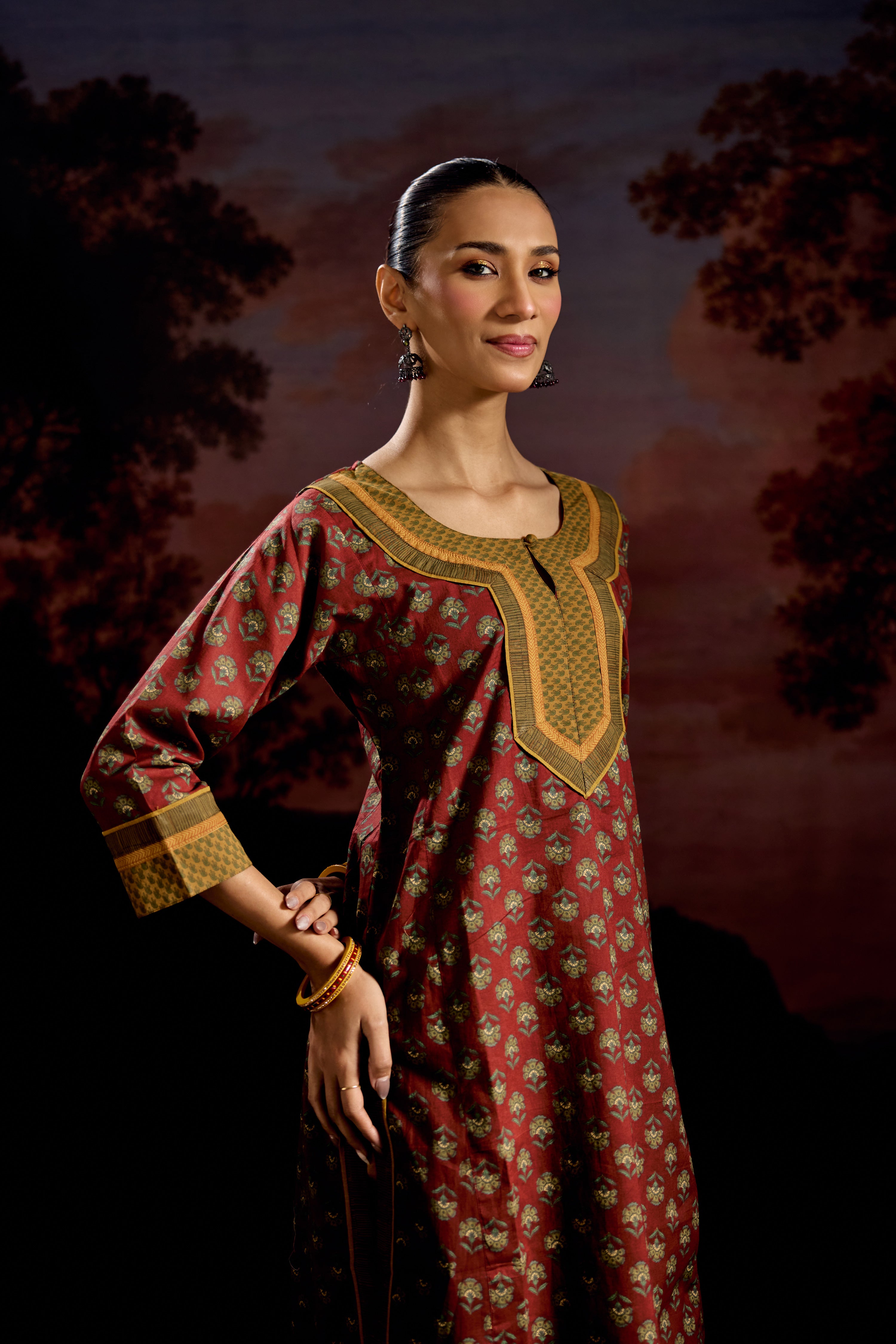 Rozana Cotton Printed Kurta Maroon Green (Set Of 3)