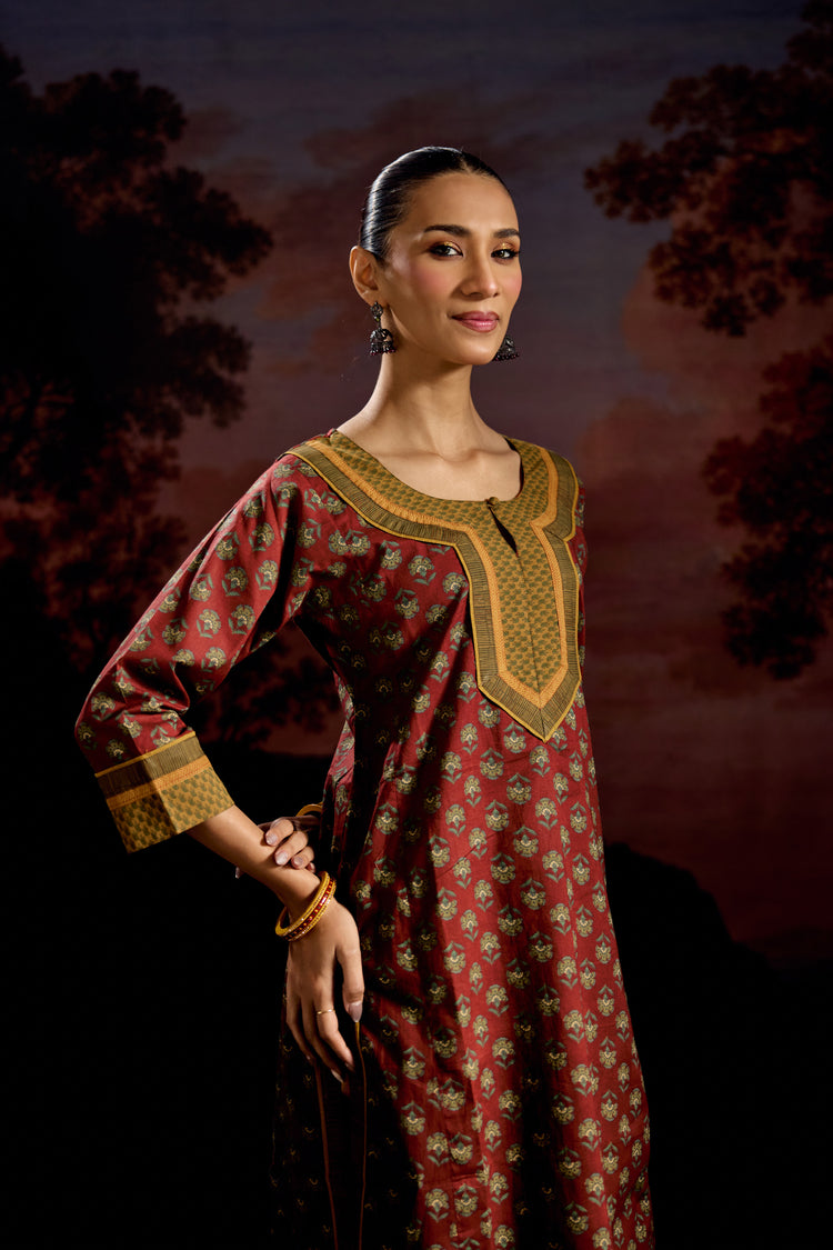 Rozana Cotton Printed Kurta Maroon Green (Set Of 3)
