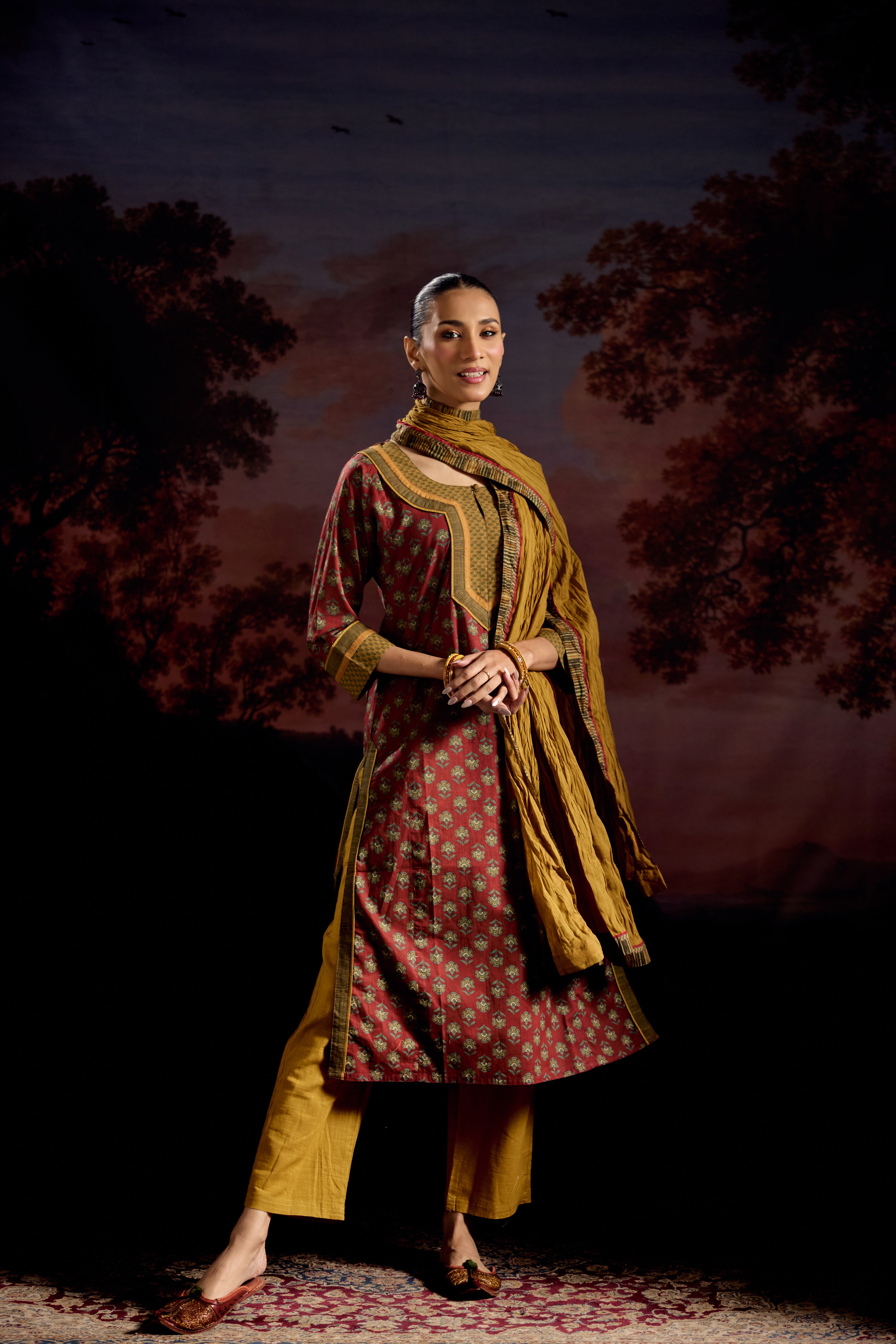 Rozana Cotton Printed Kurta Maroon Green (Set Of 3)