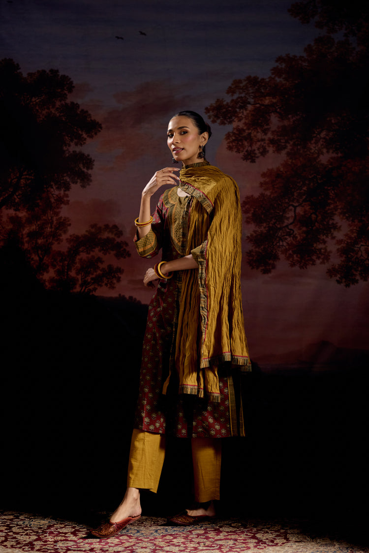 Rozana Cotton Printed Kurta Maroon Green (Set Of 3)