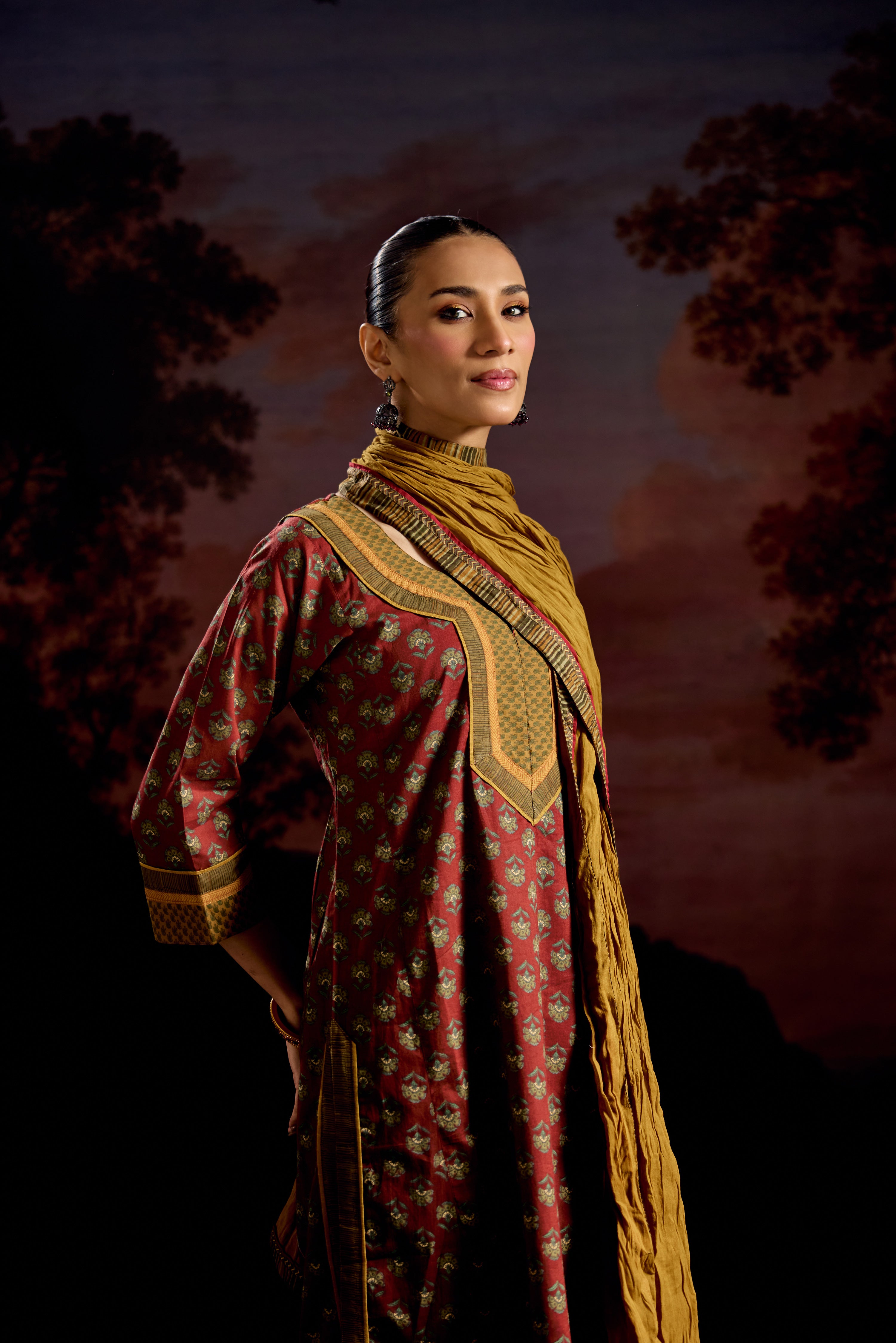 Rozana Cotton Printed Kurta Maroon Green (Set Of 3)