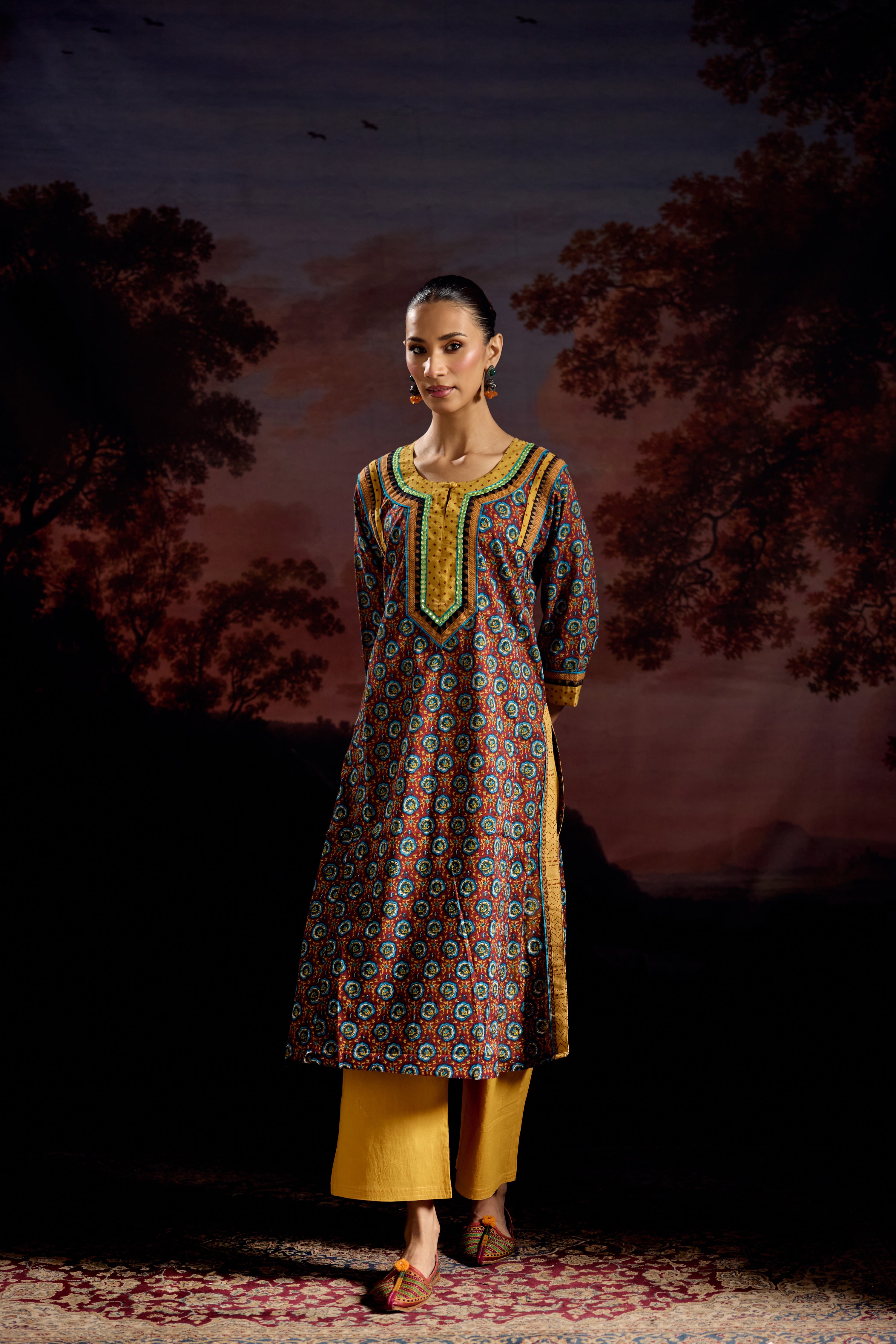 Adara Cotton Printed Kurta Maroon Blue (Set Of 2)