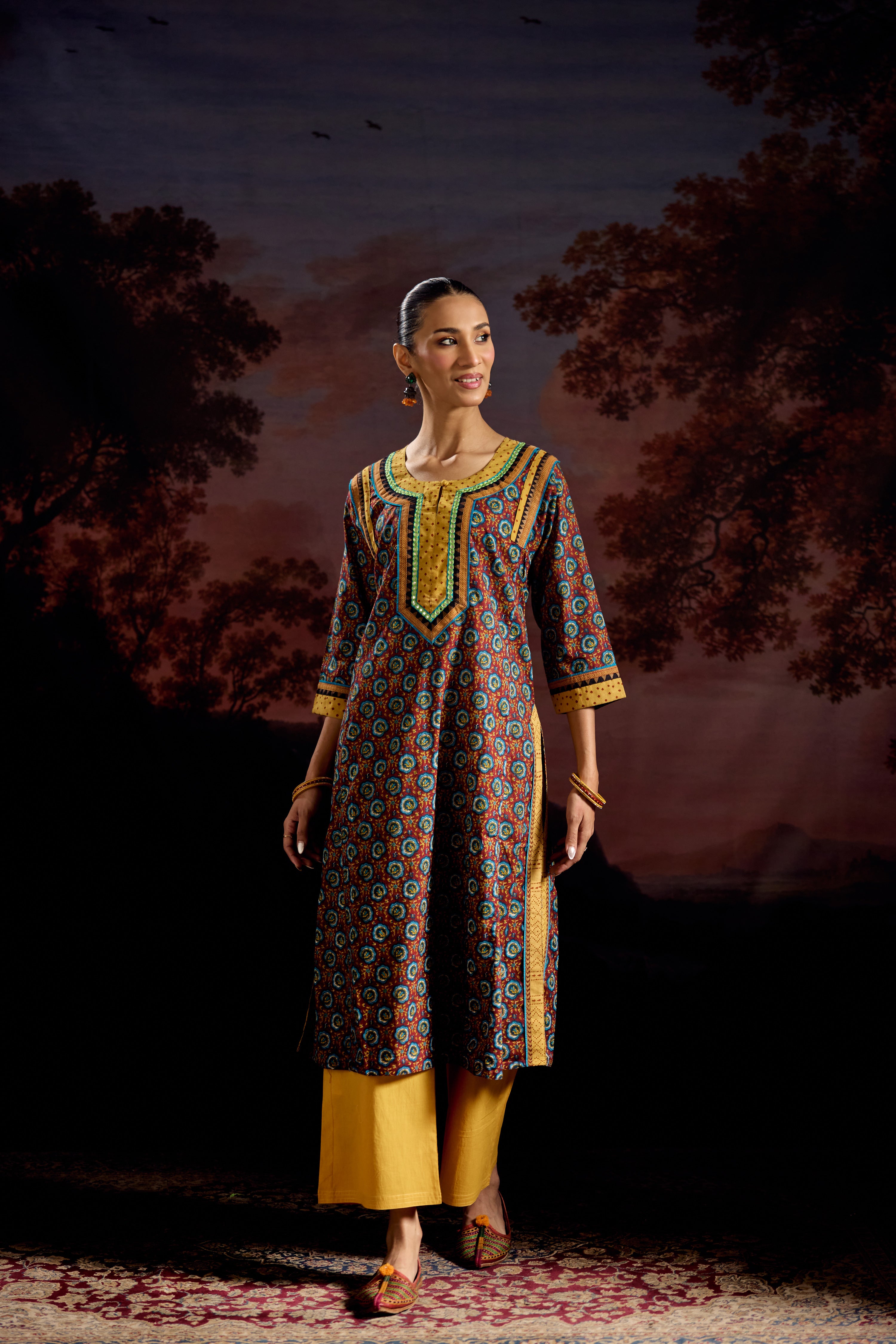 Adara Cotton Printed Kurta Maroon Blue (Set Of 2)