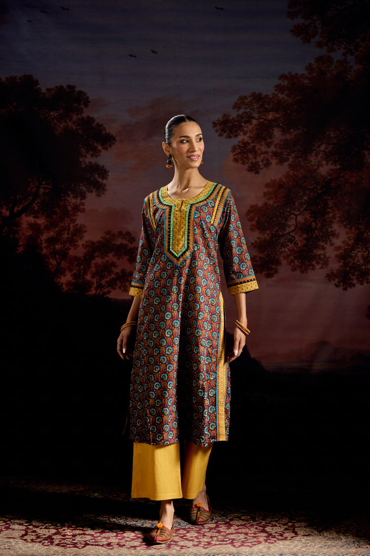 Adara Cotton Printed Kurta Maroon Blue (Set Of 2)