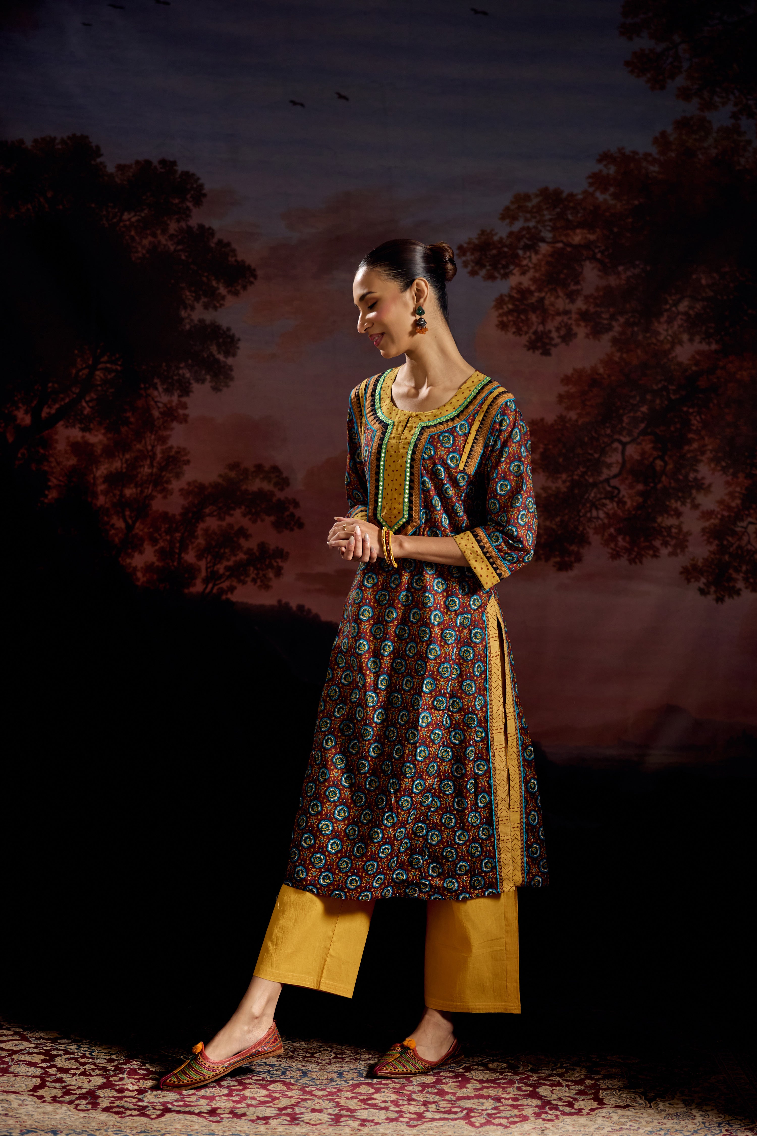 Adara Cotton Printed Kurta Maroon Blue (Set Of 2)