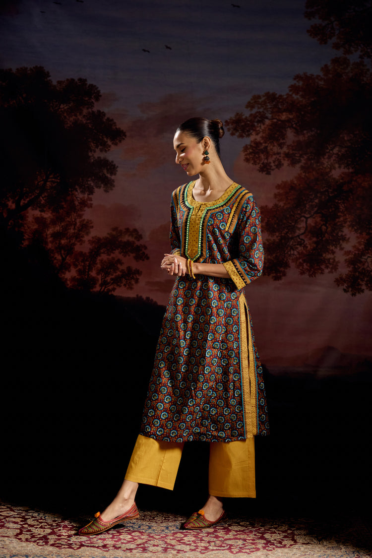 Adara Cotton Printed Kurta Maroon Blue (Set Of 2)