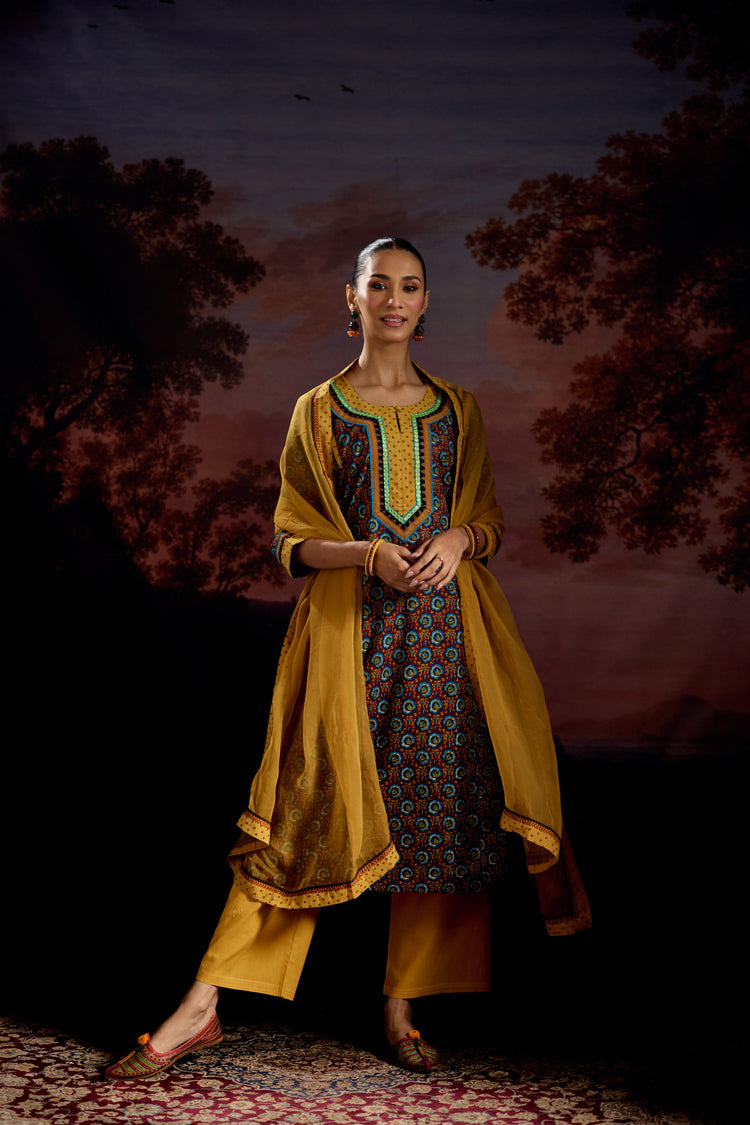 Adara Cotton Printed Kurta Maroon Blue (Set Of 2)