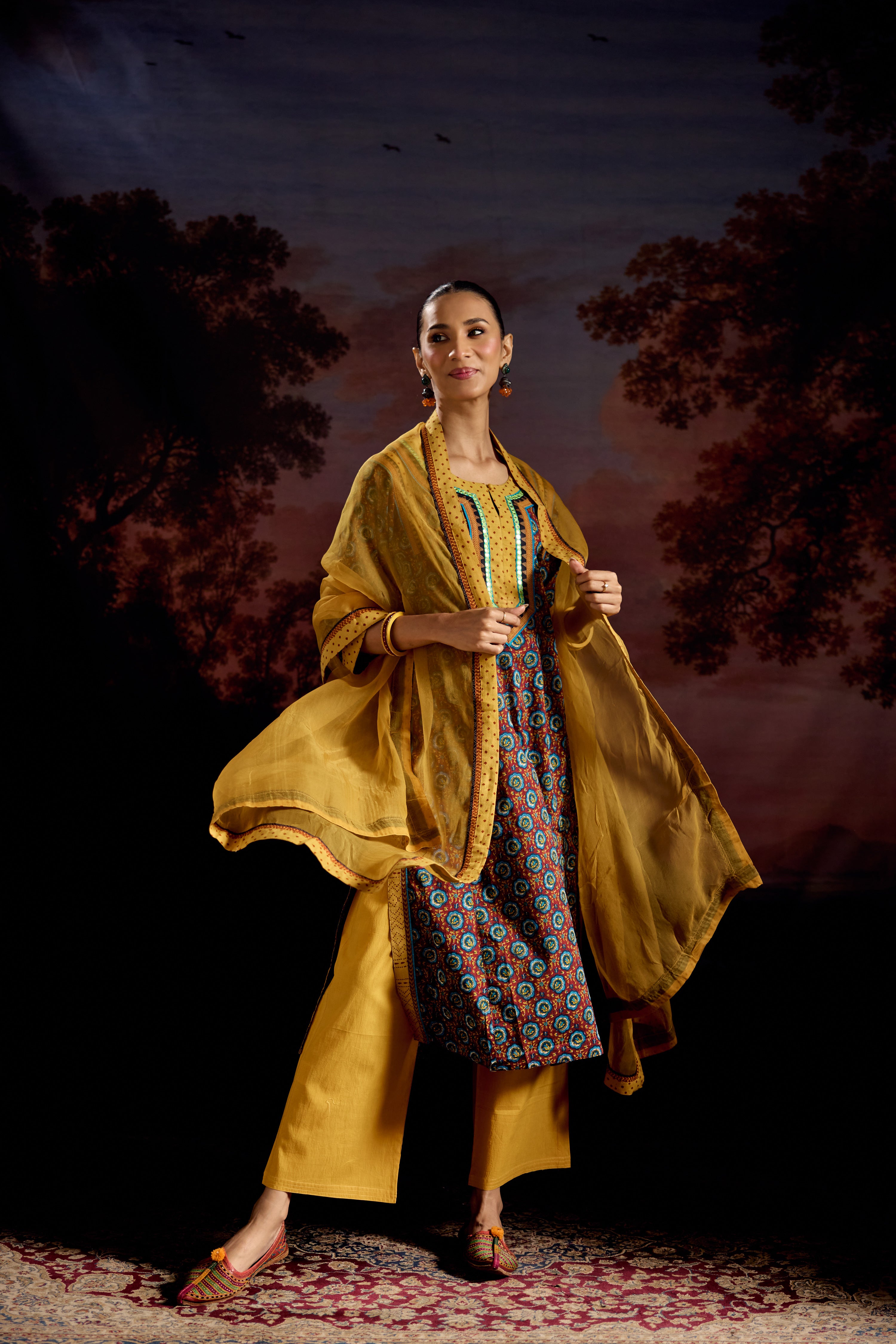 Adara Cotton Printed Kurta Maroon Blue (Set Of 2)