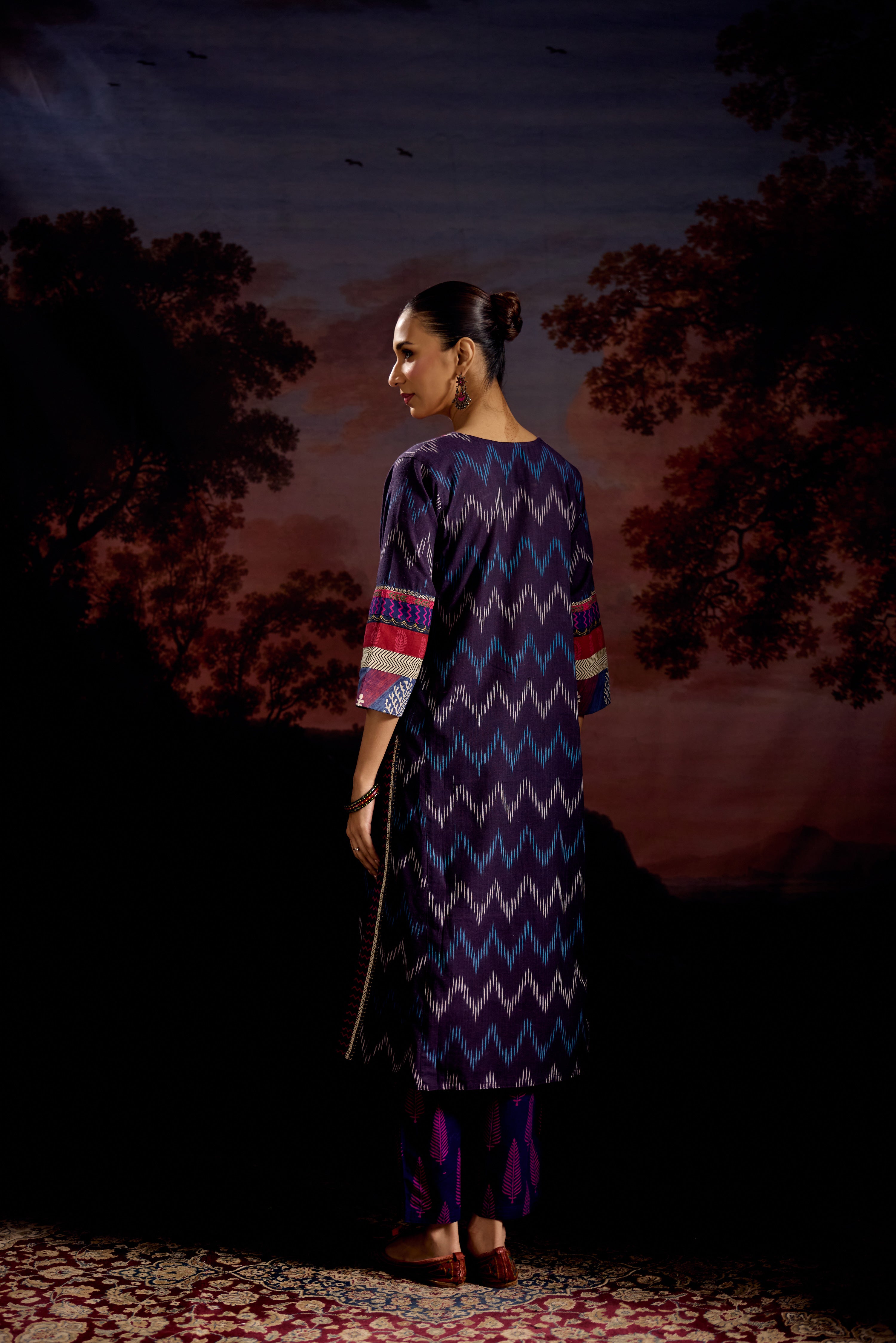 Rozana Cotton Slub Ikkat Printed Kurta Purple (Set Of 3)