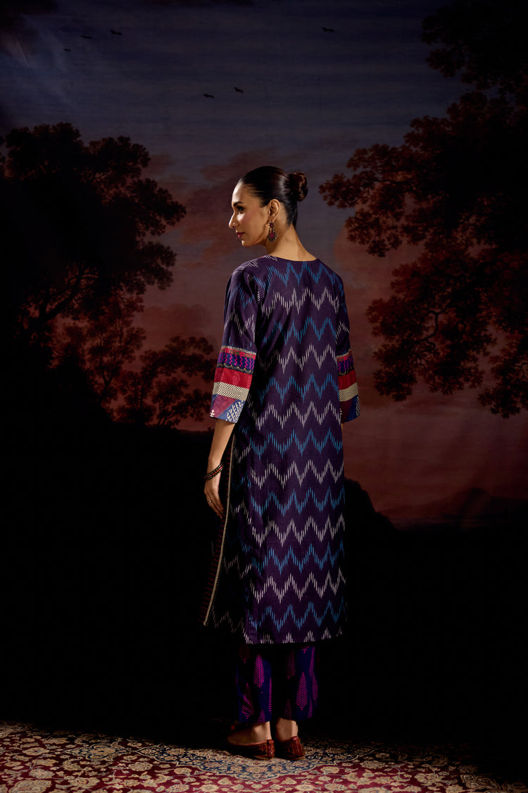 Rozana Cotton Slub Ikkat Printed Kurta Purple (Set Of 3)