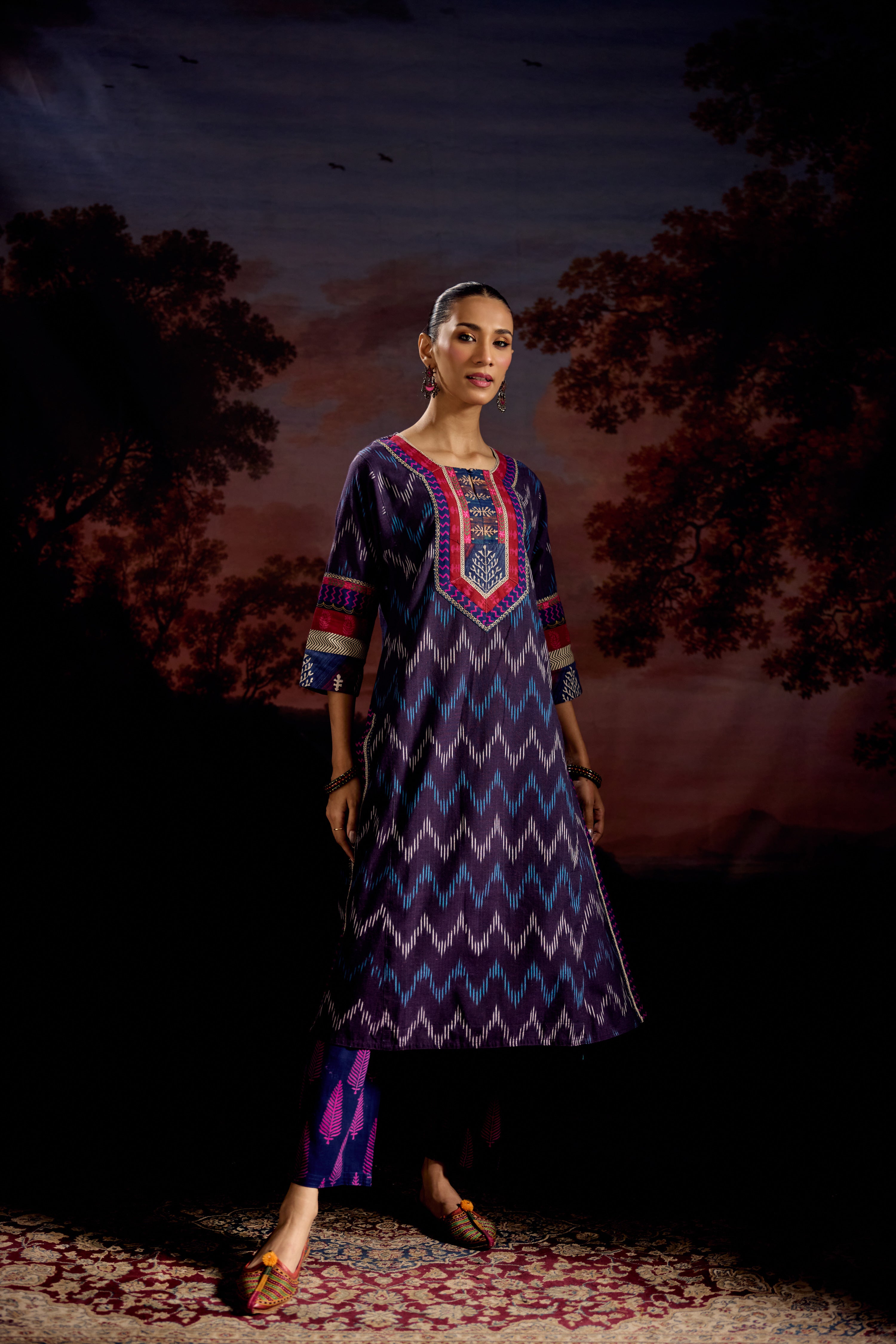 Rozana Cotton Slub Ikkat Printed Kurta Purple (Set Of 3)