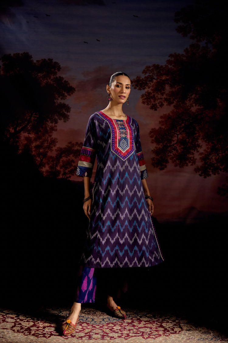 Rozana Cotton Slub Ikkat Printed Kurta Purple (Set Of 3)