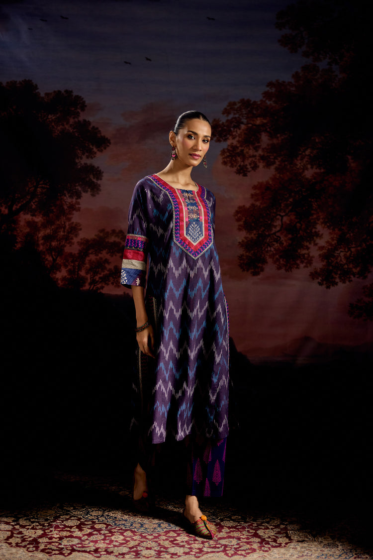 Rozana Cotton Slub Ikkat Printed Kurta Purple (Set Of 3)