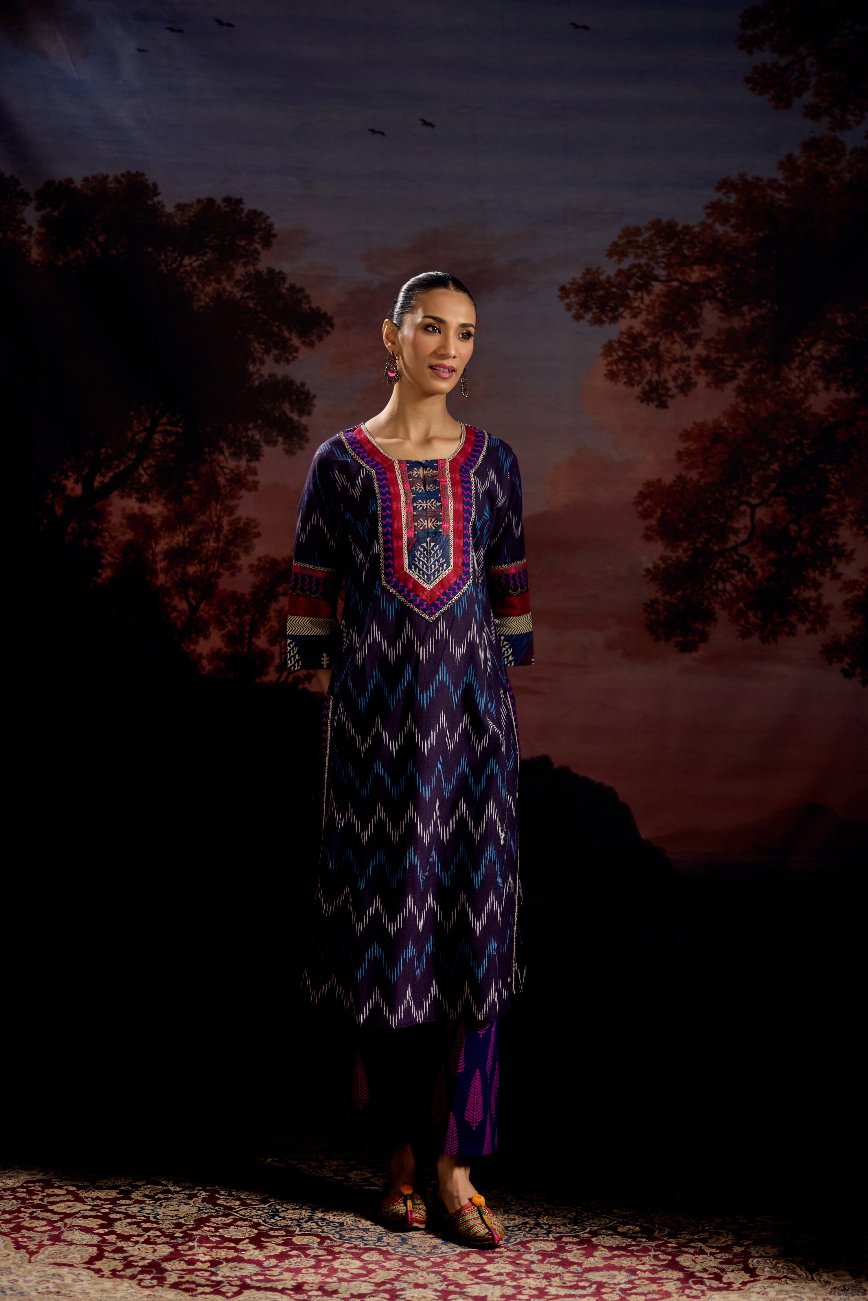 Rozana Cotton Slub Ikkat Printed Kurta Purple (Set Of 3)