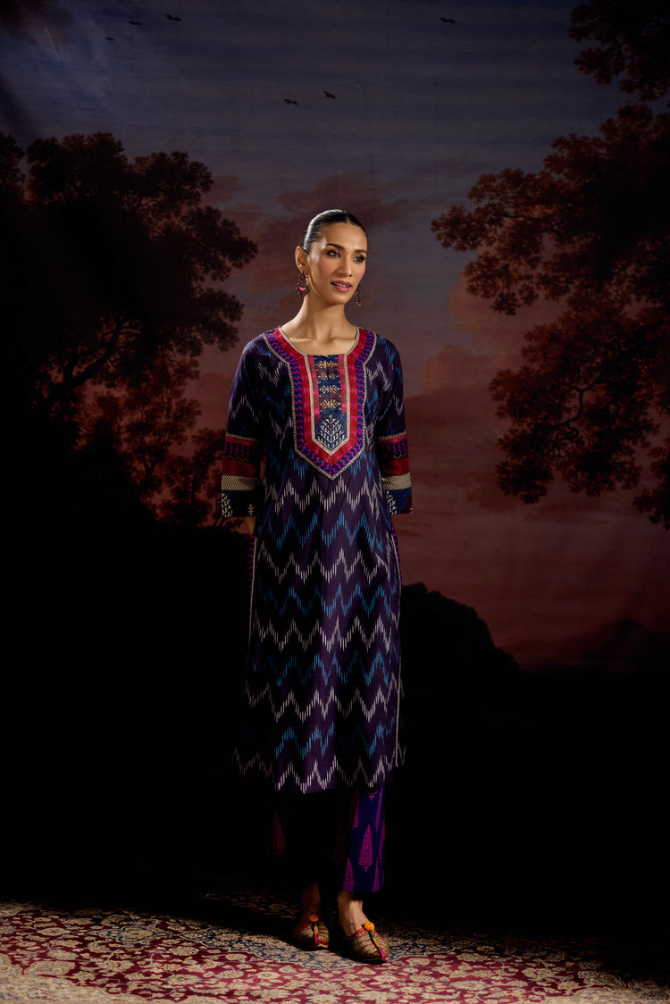 Rozana Cotton Slub Ikkat Printed Kurta Purple (Set Of 3)