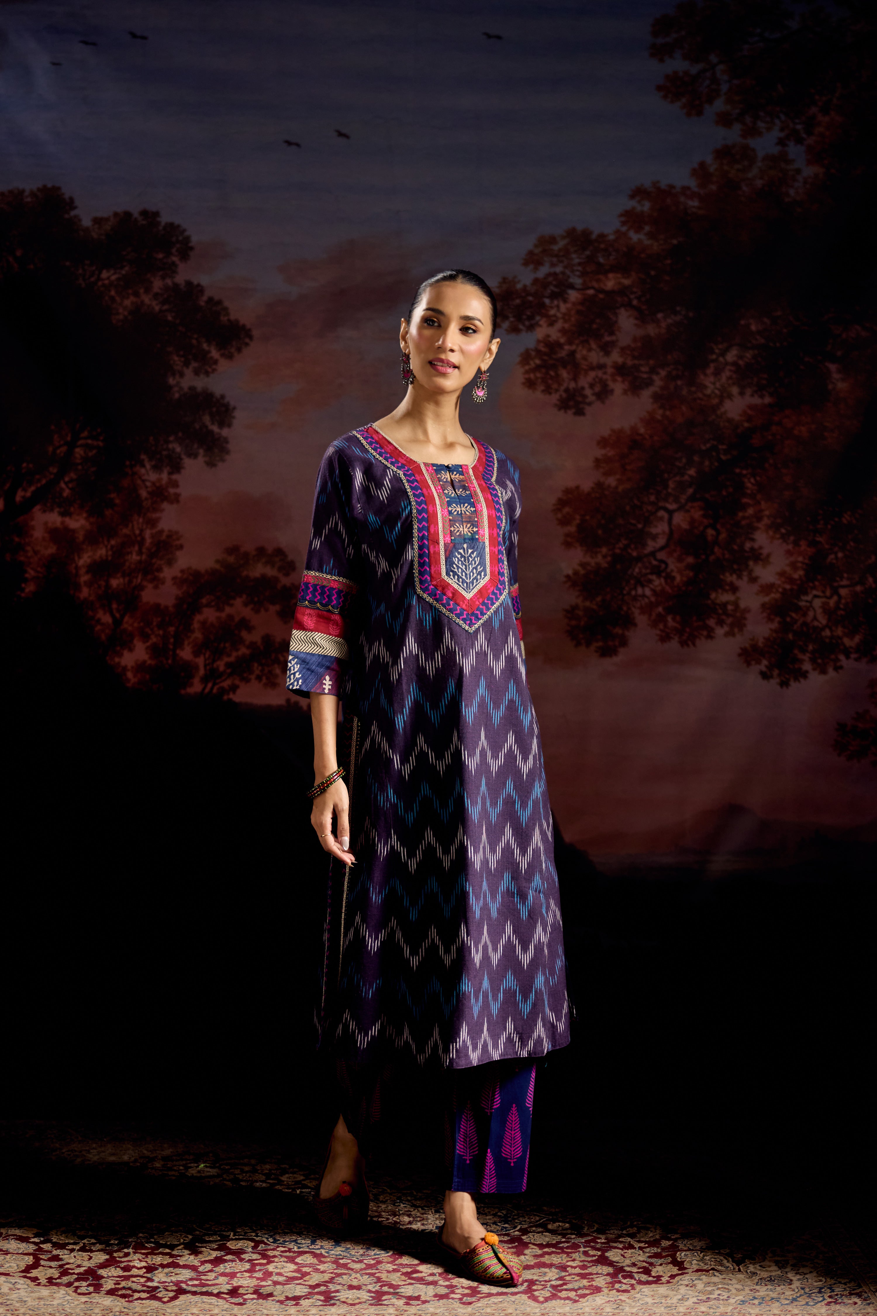 Rozana Cotton Slub Ikkat Printed Kurta Purple (Set Of 3)