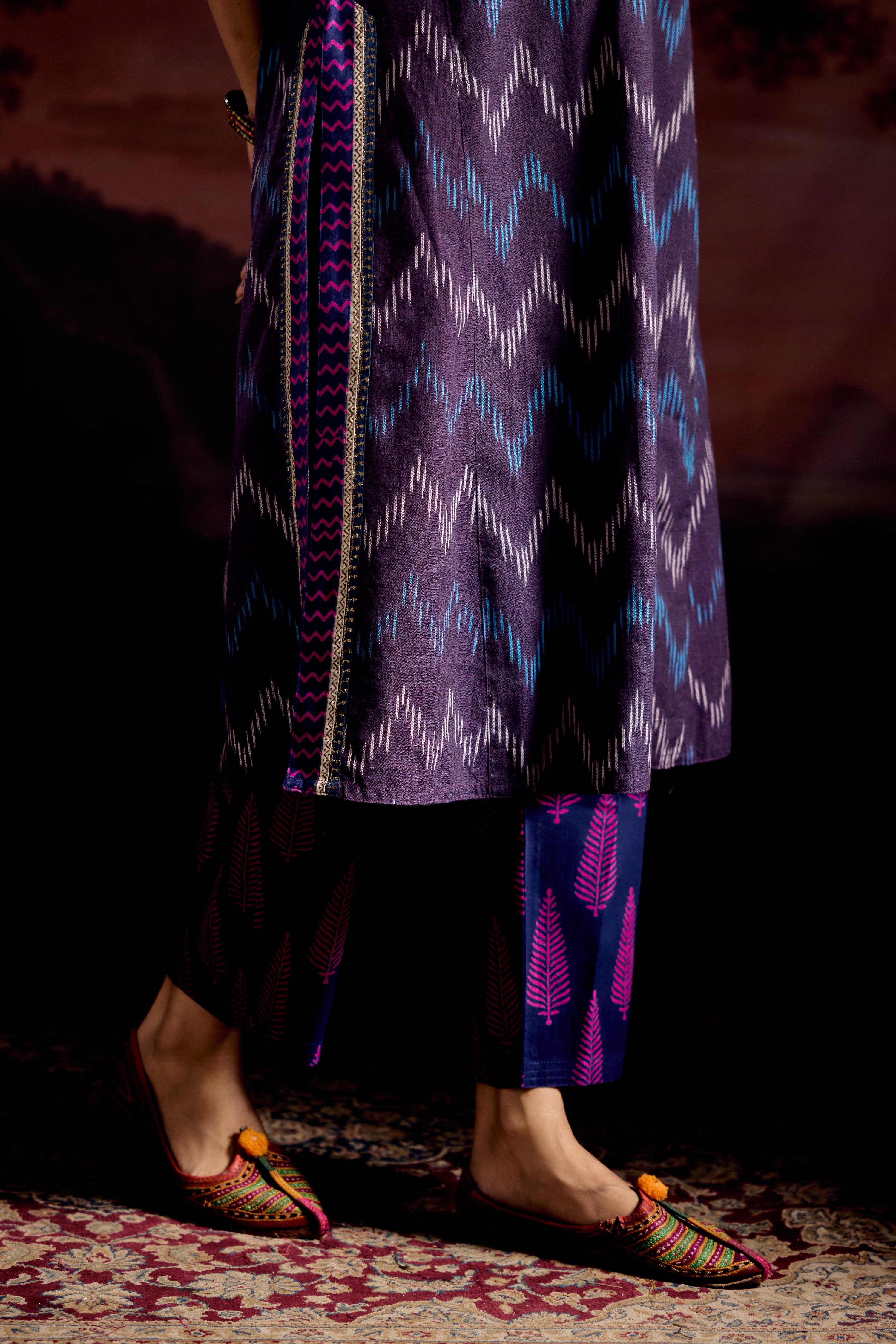 Rozana Cotton Slub Ikkat Printed Kurta Purple (Set Of 3)