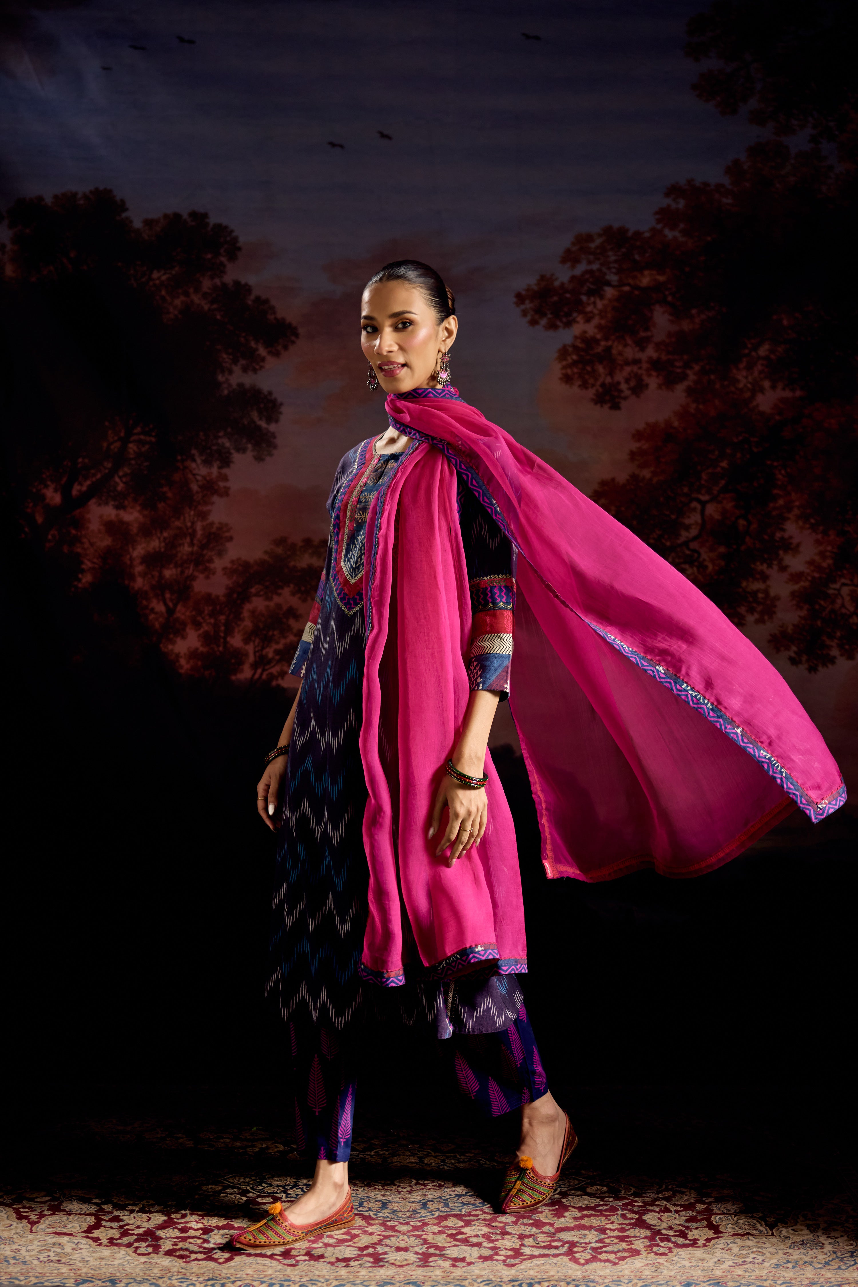 Rozana Cotton Slub Ikkat Printed Kurta Purple (Set Of 3)