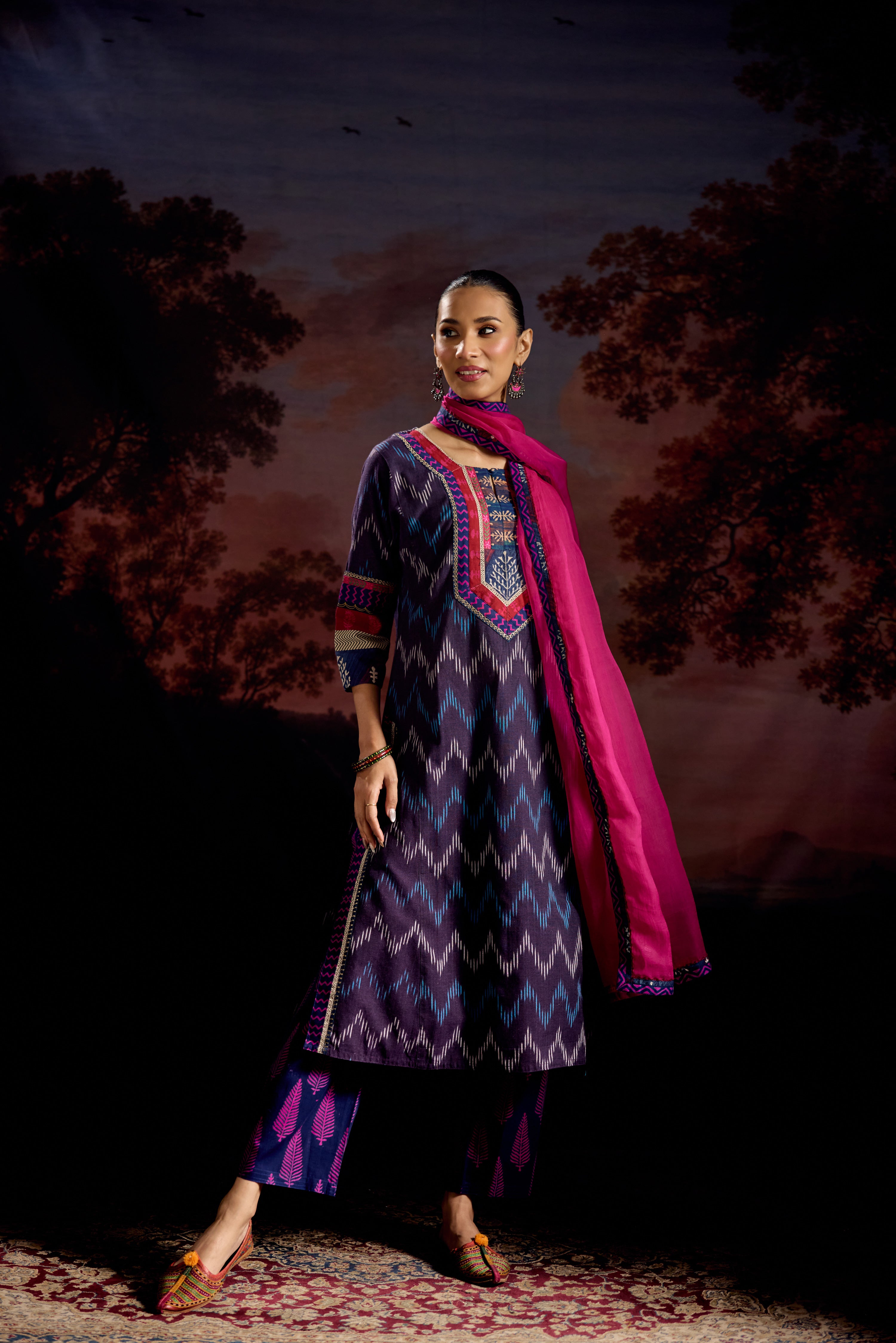 Rozana Cotton Slub Ikkat Printed Kurta Purple (Set Of 3)