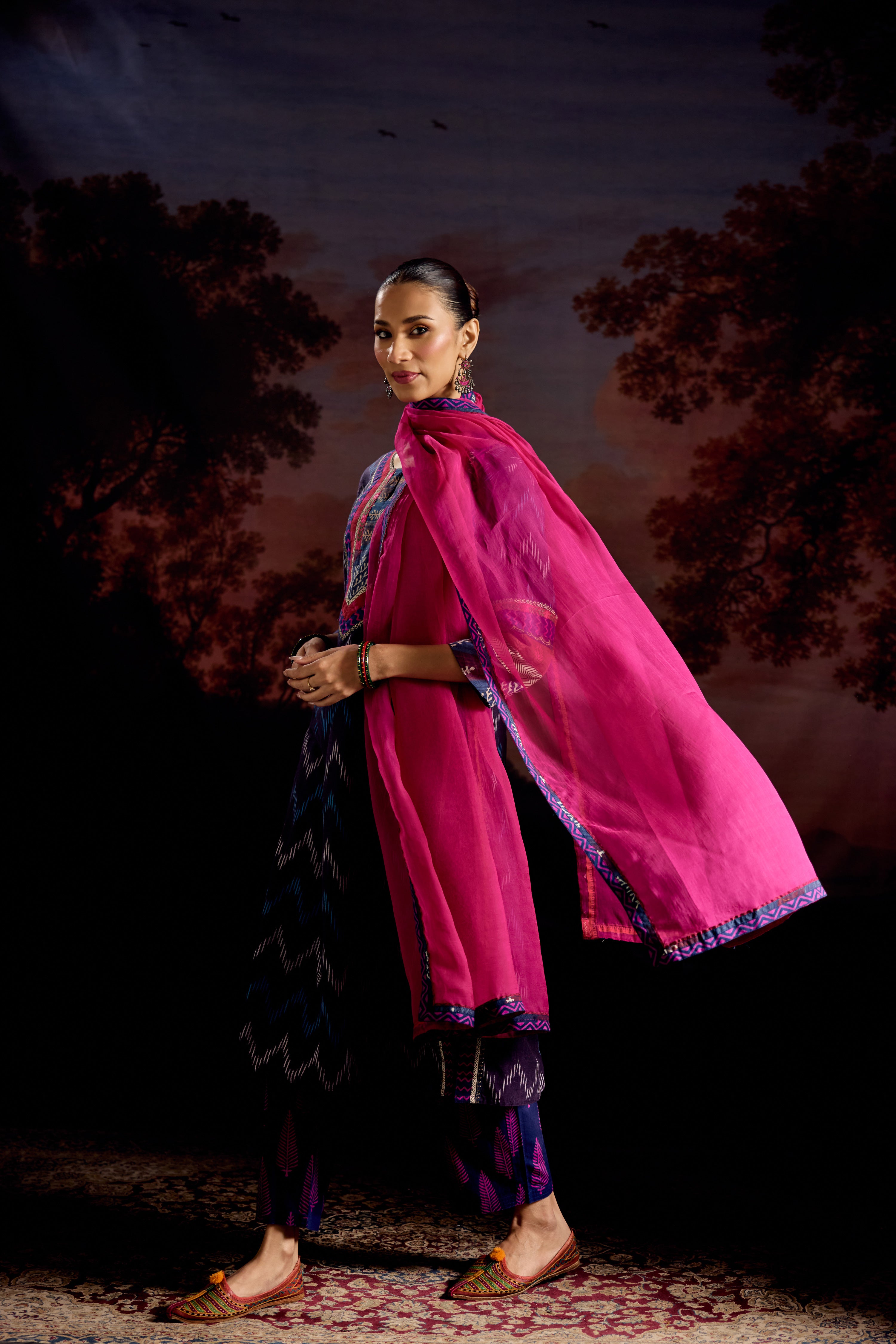 Rozana Cotton Slub Ikkat Printed Kurta Purple (Set Of 3)