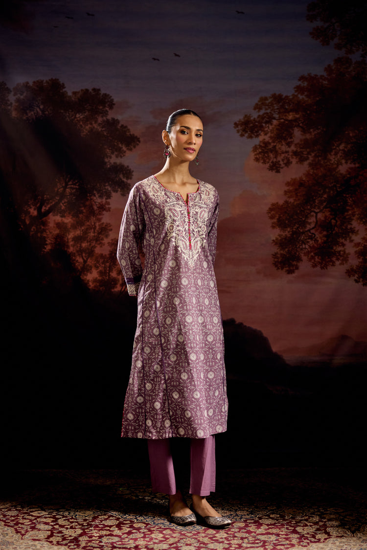 Adya Cotton Printed Embroidered Kurta Mauve (Set Of 3)