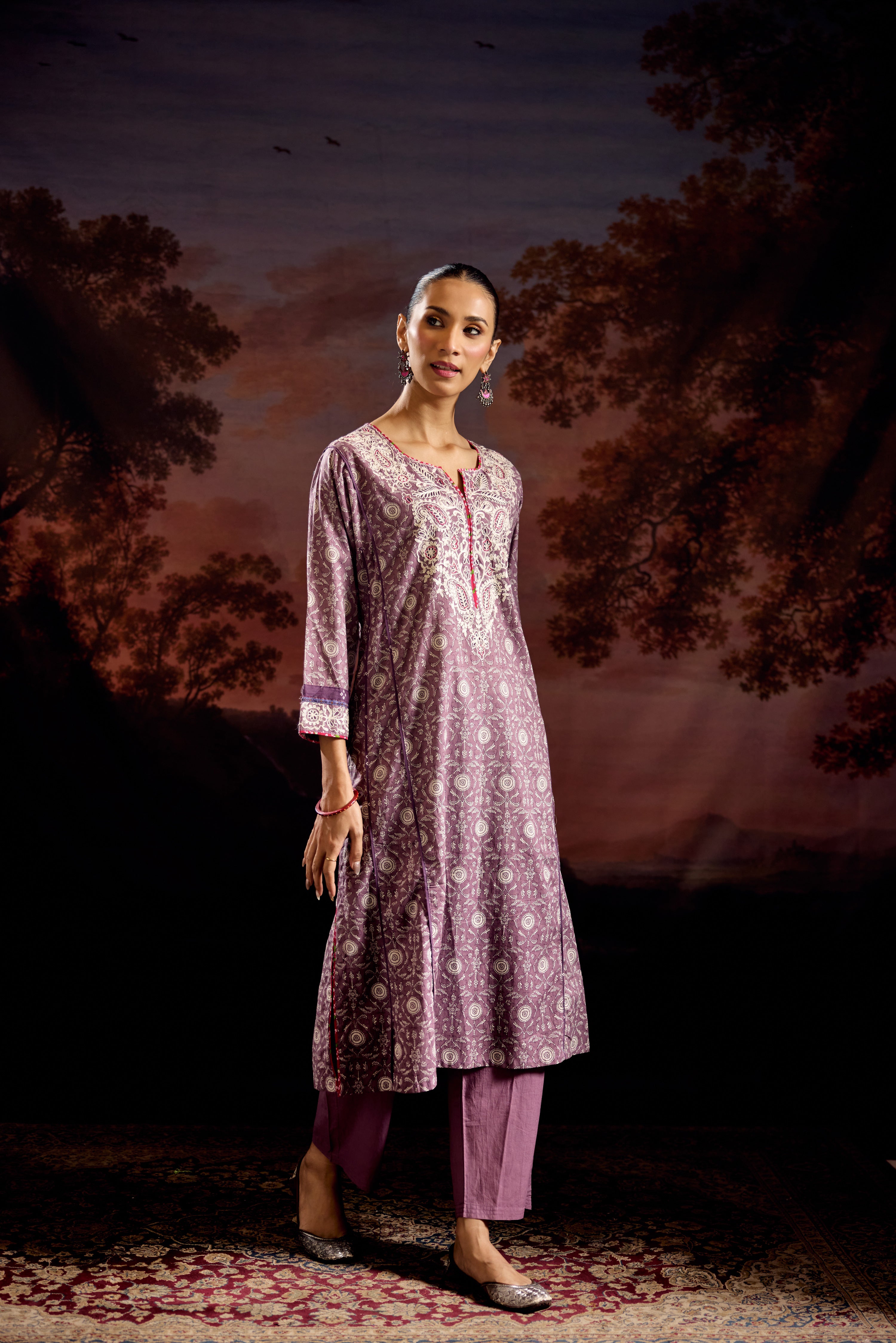 Adya Cotton Printed Embroidered Kurta Mauve (Set Of 3)