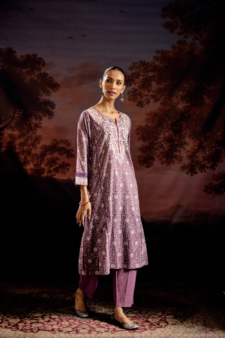 Adya Cotton Printed Embroidered Kurta Mauve (Set Of 3)