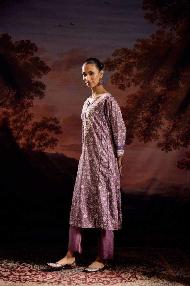 Adya Cotton Printed Embroidered Kurta Mauve (Set Of 3)