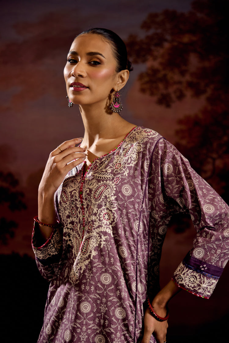 Adya Cotton Printed Embroidered Kurta Mauve (Set Of 3)