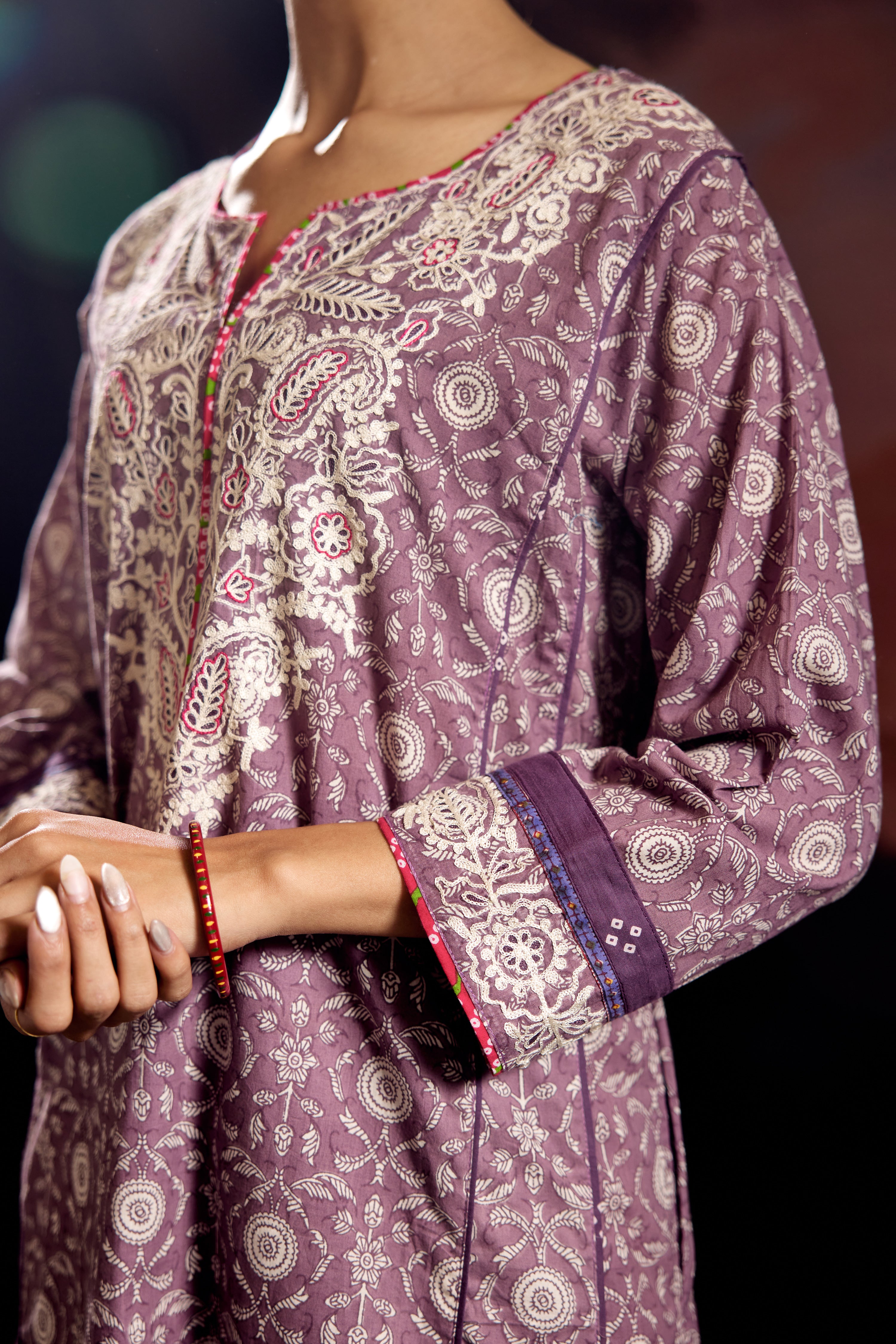 Adya Cotton Printed Embroidered Kurta Mauve (Set Of 3)