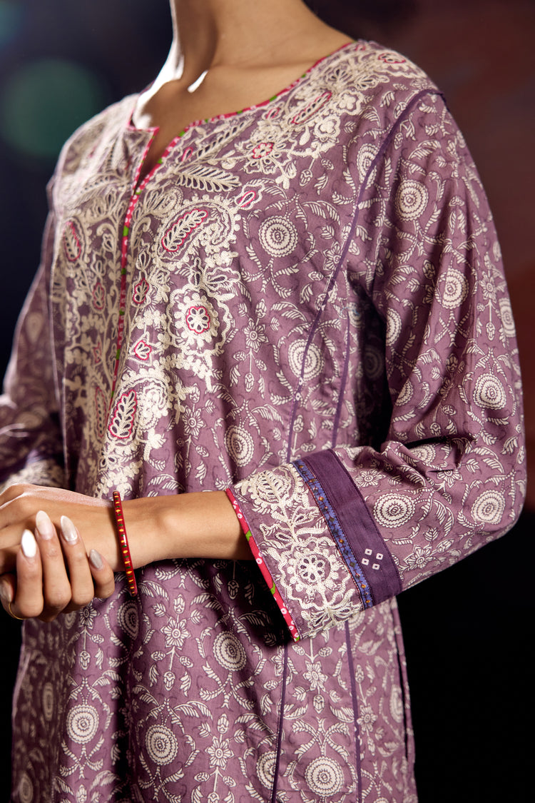Adya Cotton Printed Embroidered Kurta Mauve (Set Of 3)