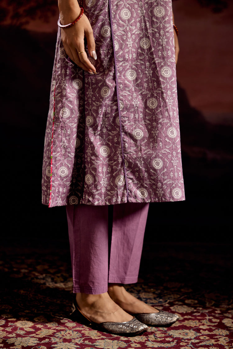 Adya Cotton Printed Embroidered Kurta Mauve (Set Of 3)
