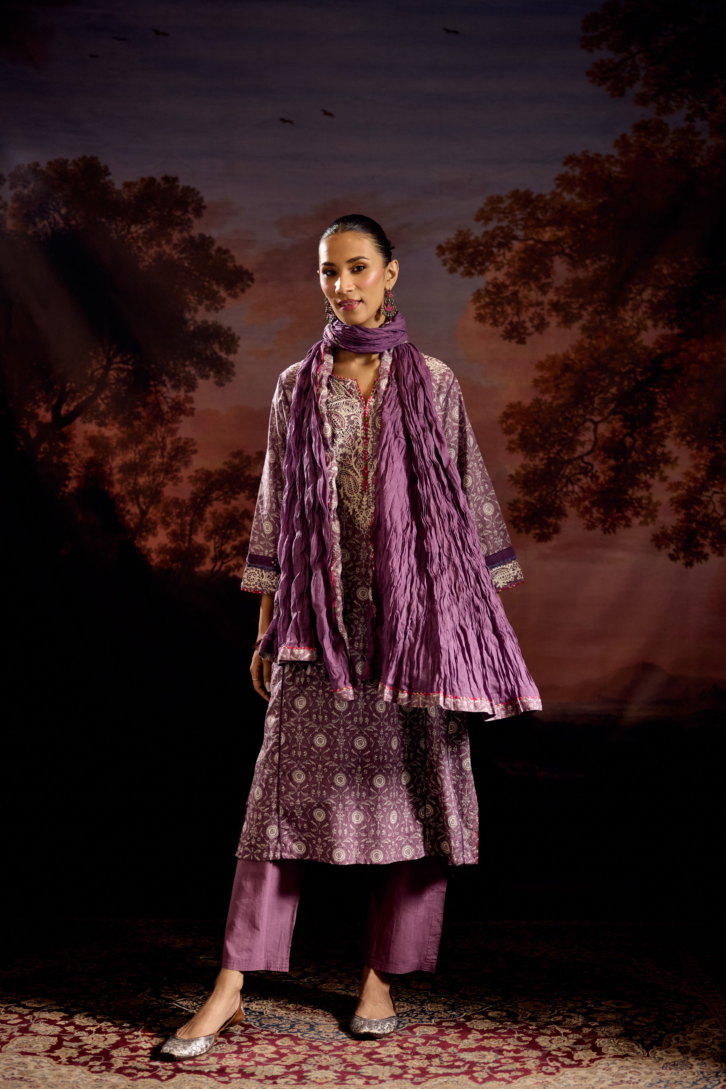 Adya Cotton Printed Embroidered Kurta Mauve (Set Of 3)