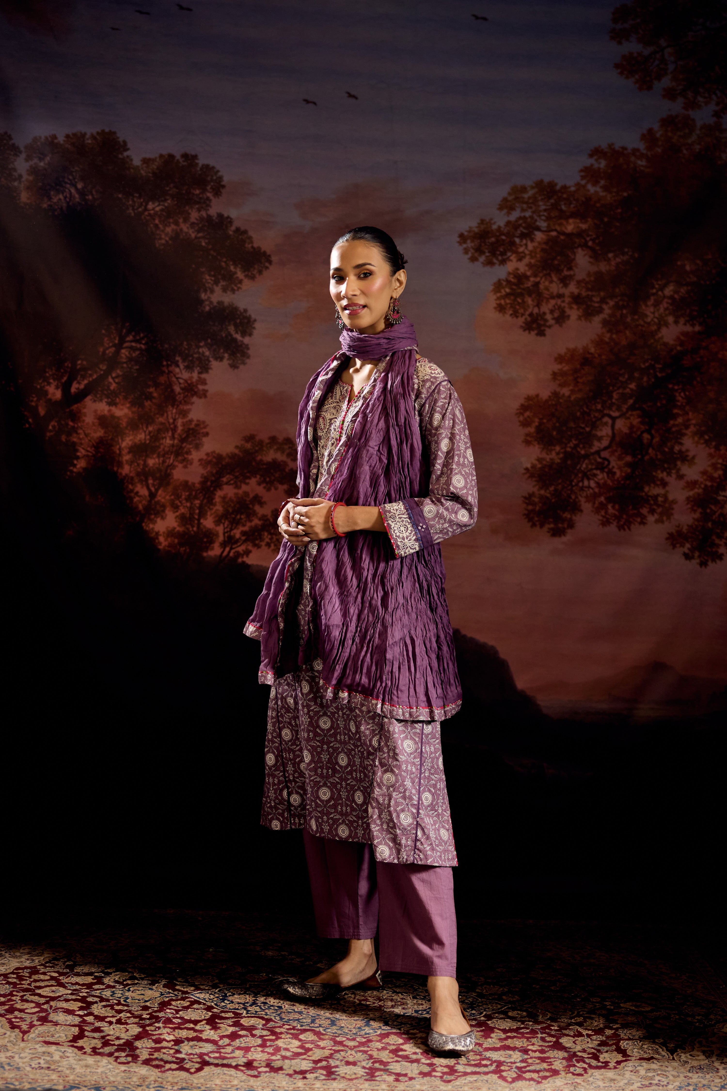 Adya Cotton Printed Embroidered Kurta Mauve (Set Of 3)