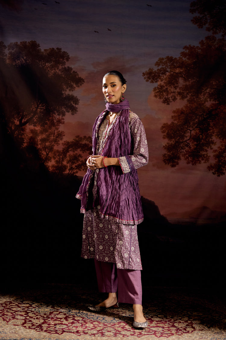 Adya Cotton Printed Embroidered Kurta Mauve (Set Of 3)