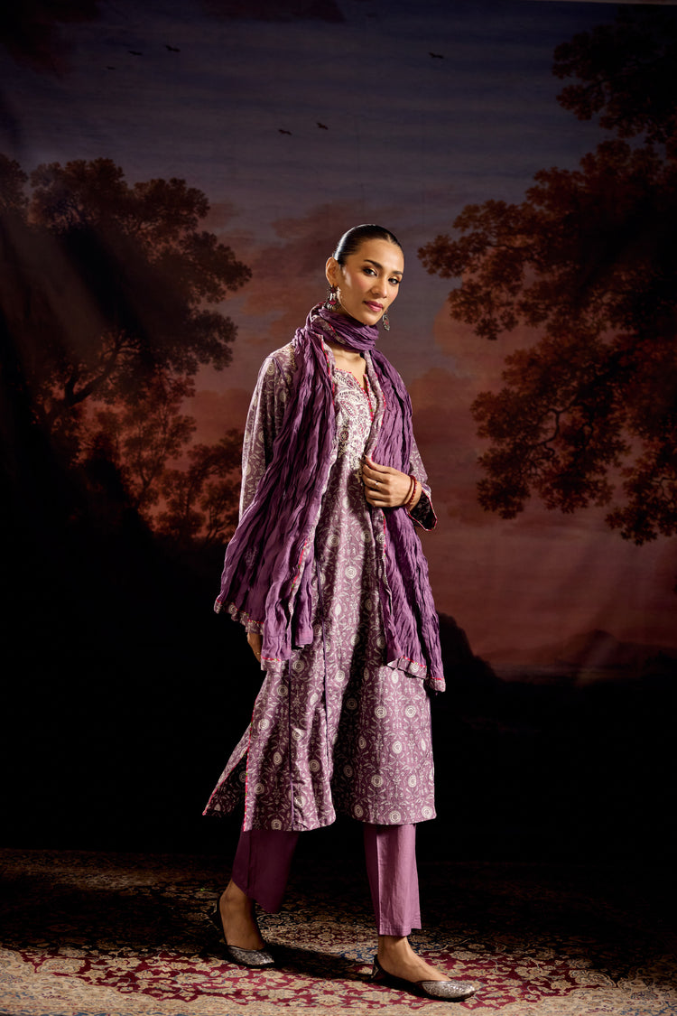 Adya Cotton Printed Embroidered Kurta Mauve (Set Of 3)