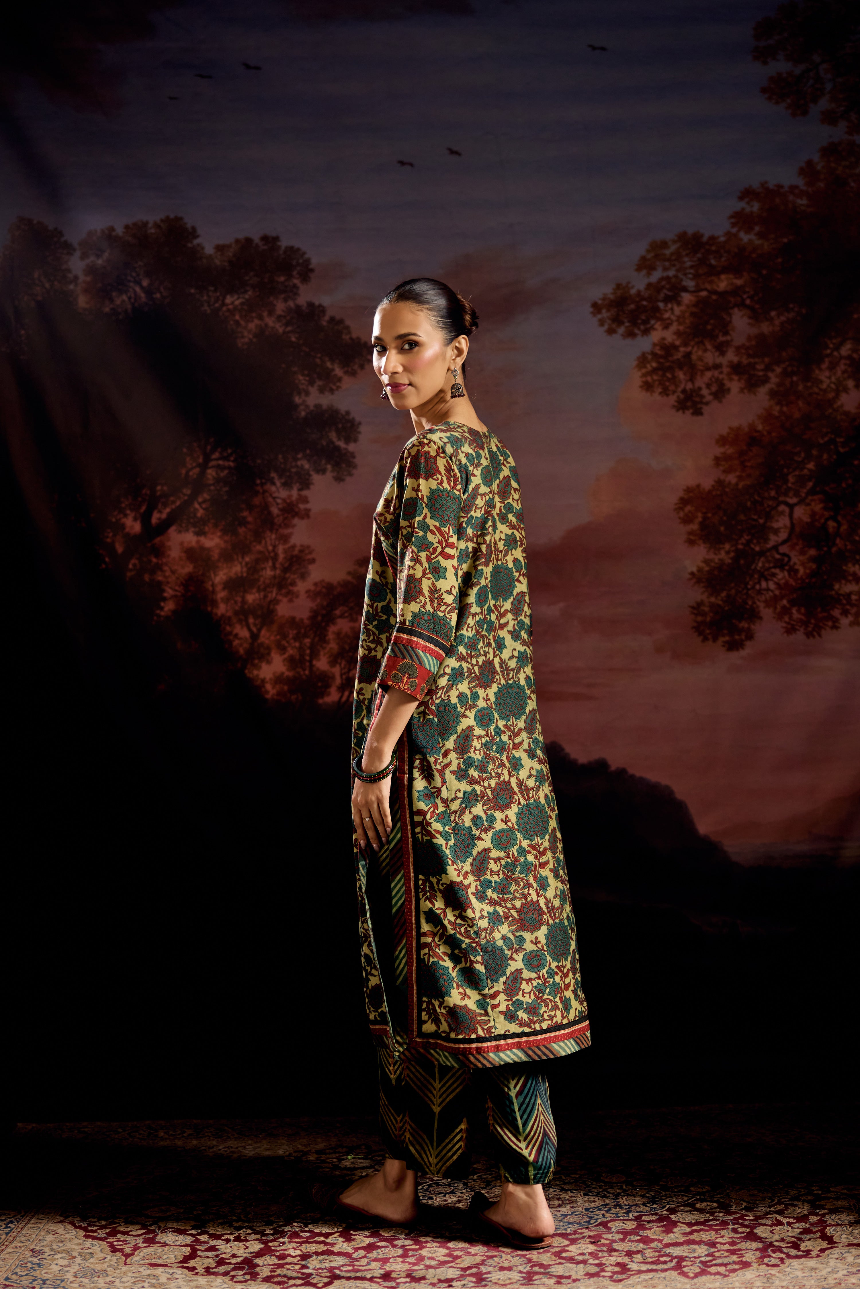 Anu Modal Silk Vanaspati Printed Kurta Green Rust