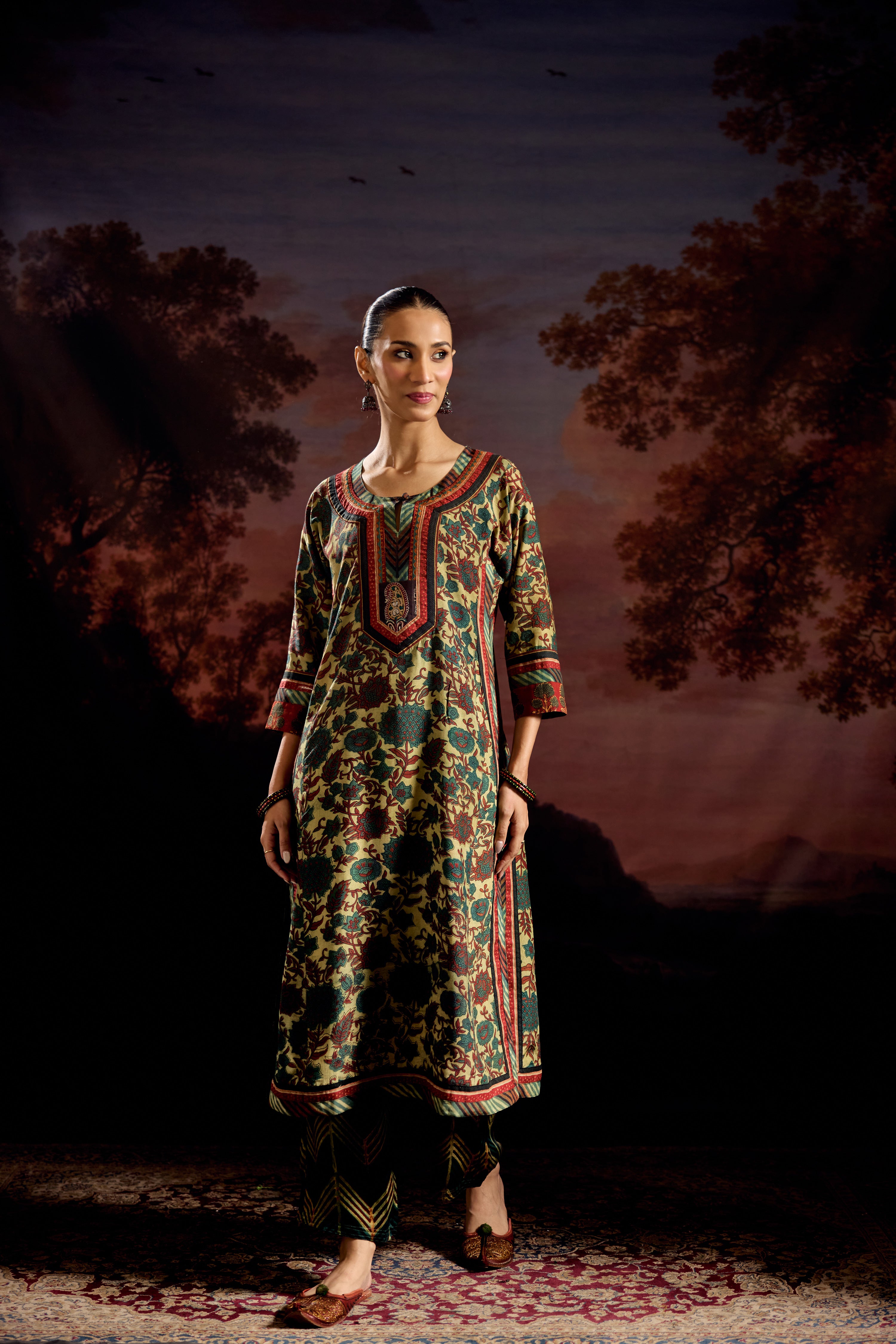 Anu Modal Silk Vanaspati Printed Kurta Green Rust