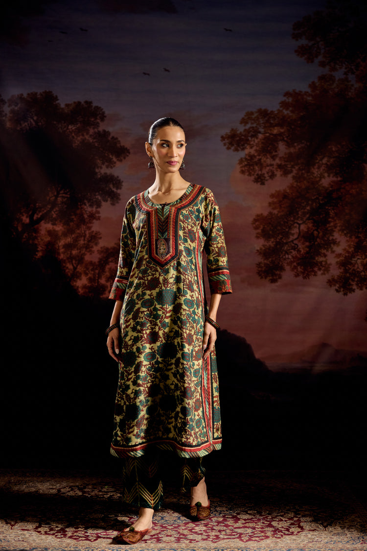 Anu Modal Silk Vanaspati Printed Kurta Green Rust