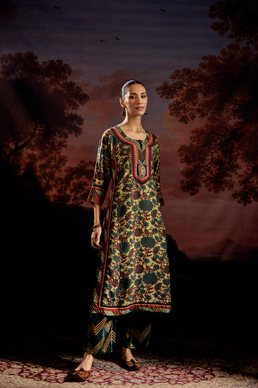 Anu Modal Silk Vanaspati Printed Kurta Green Rust