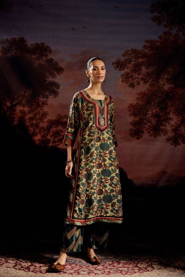 Anu Modal Silk Vanaspati Printed Kurta Green Rust