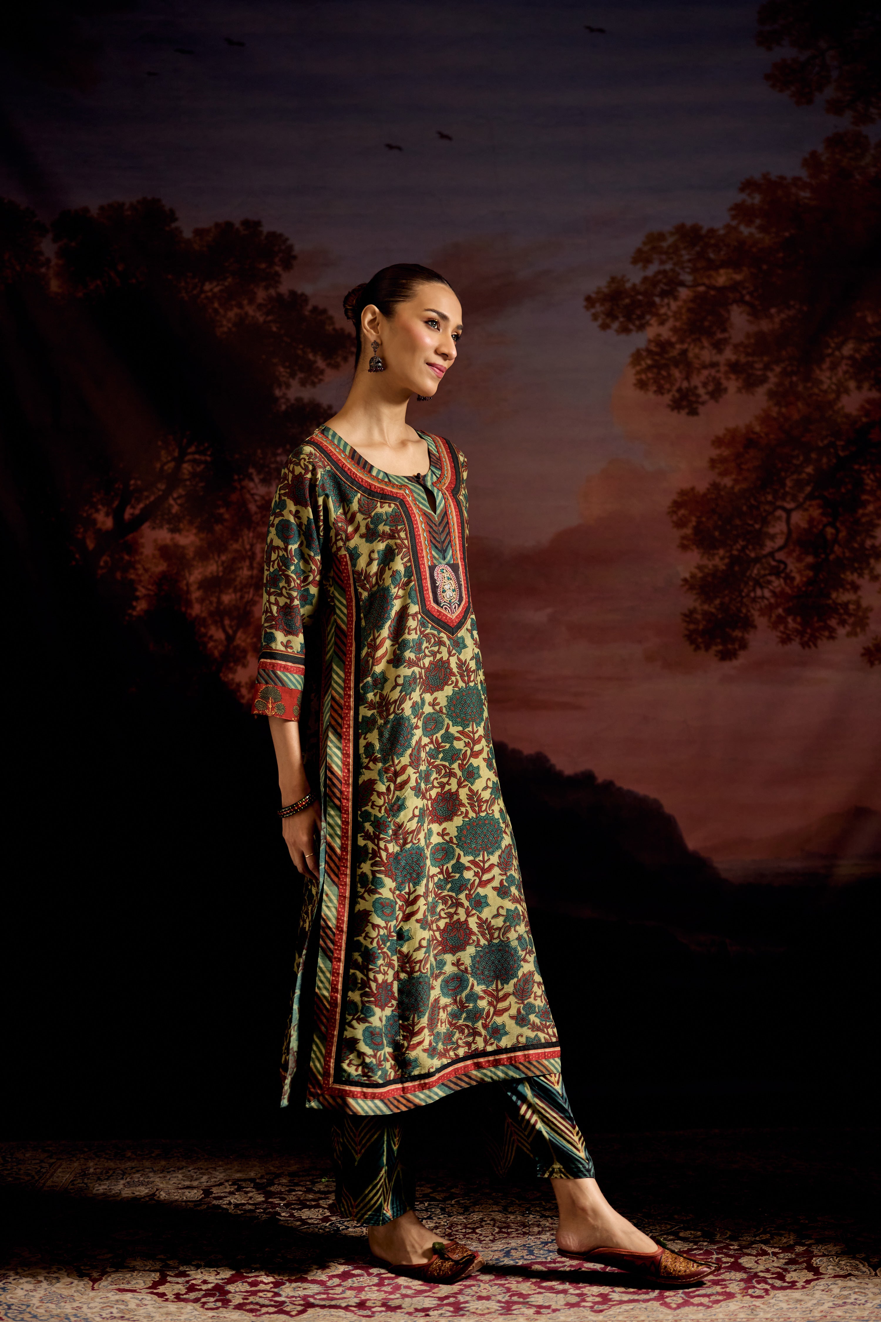 Anu Modal Silk Vanaspati Printed Kurta Green Rust