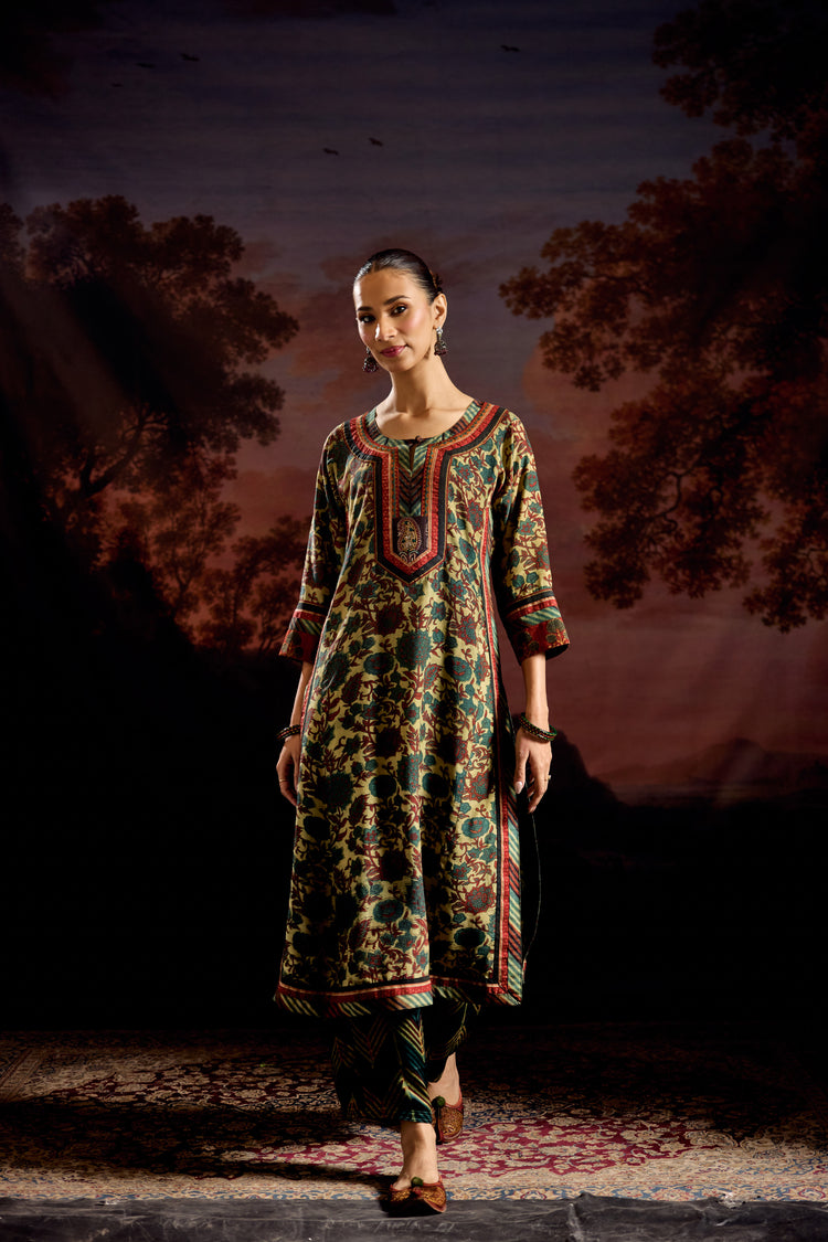 Anu Modal Silk Vanaspati Printed Kurta Green Rust