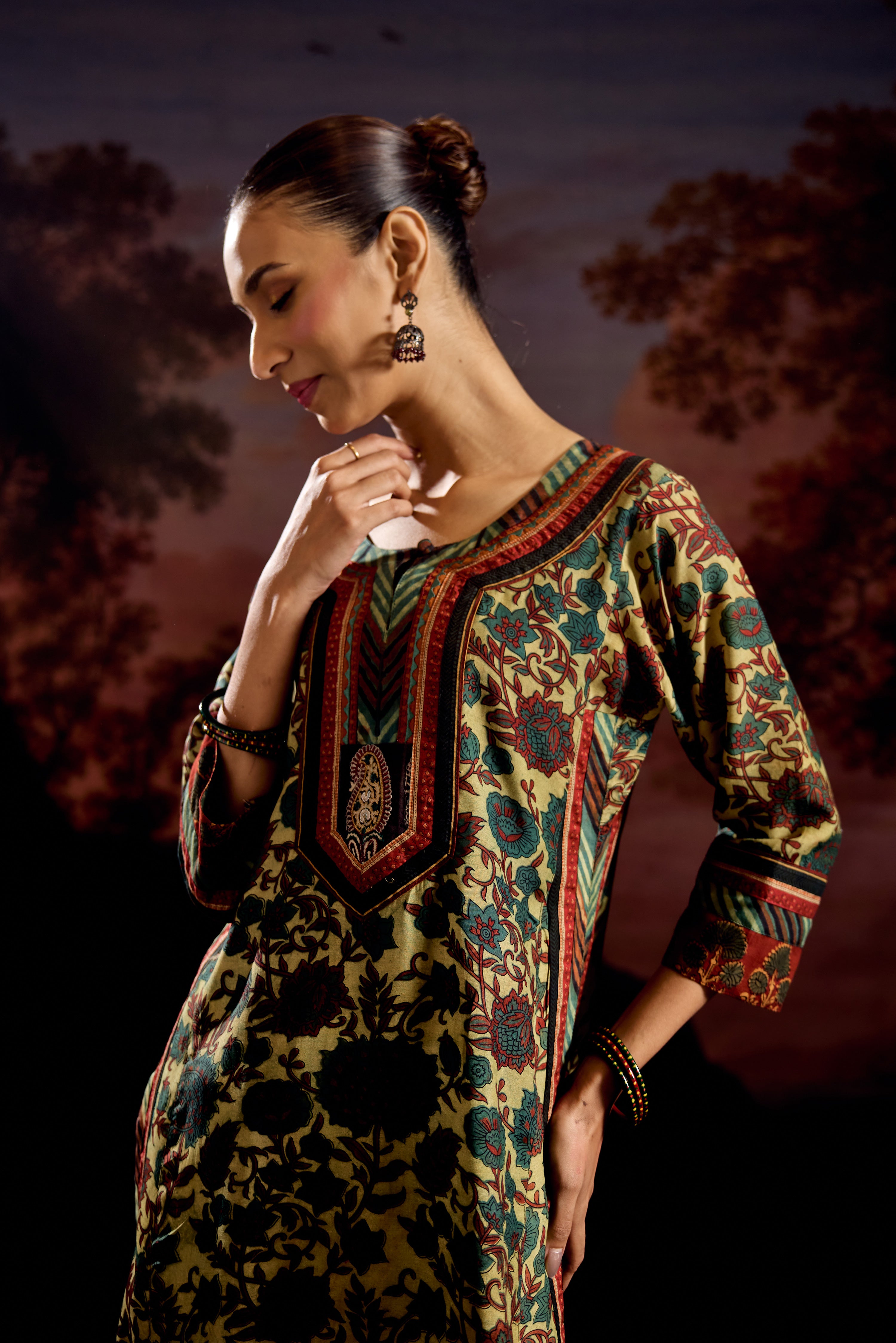 Anu Modal Silk Vanaspati Printed Kurta Green Rust