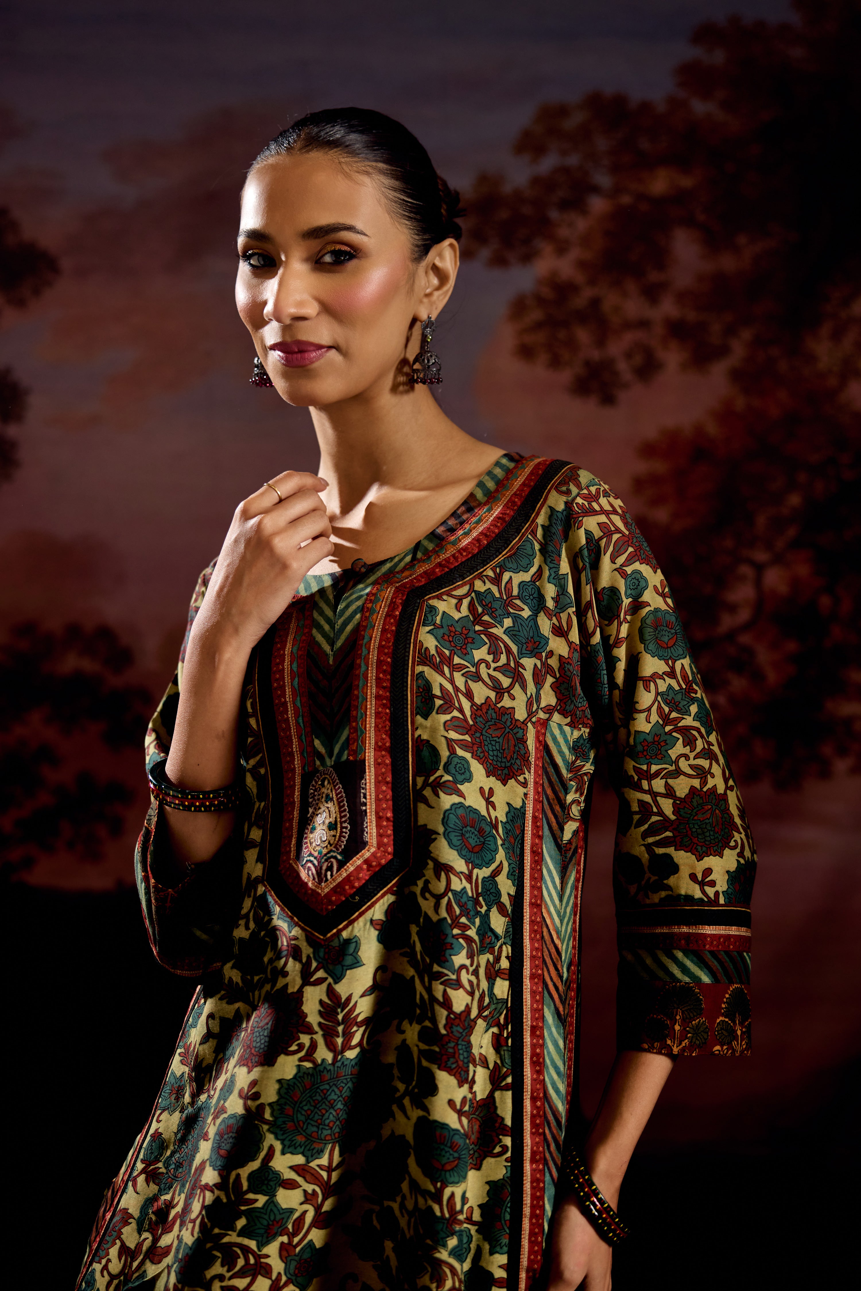 Anu Modal Silk Vanaspati Printed Kurta Green Rust