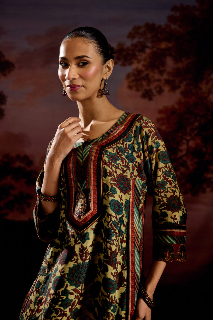 Anu Modal Silk Vanaspati Printed Kurta Green Rust